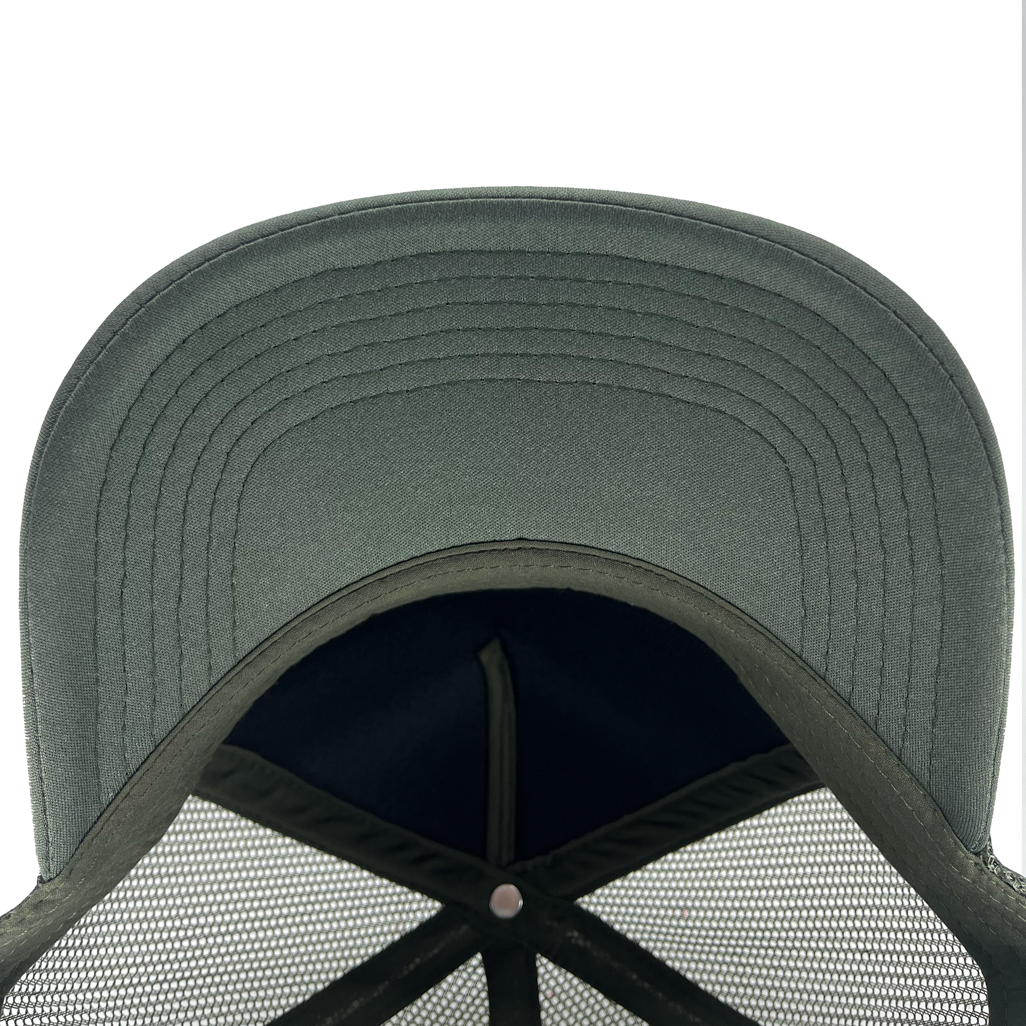 Under visor view of cypress green truckers cap.