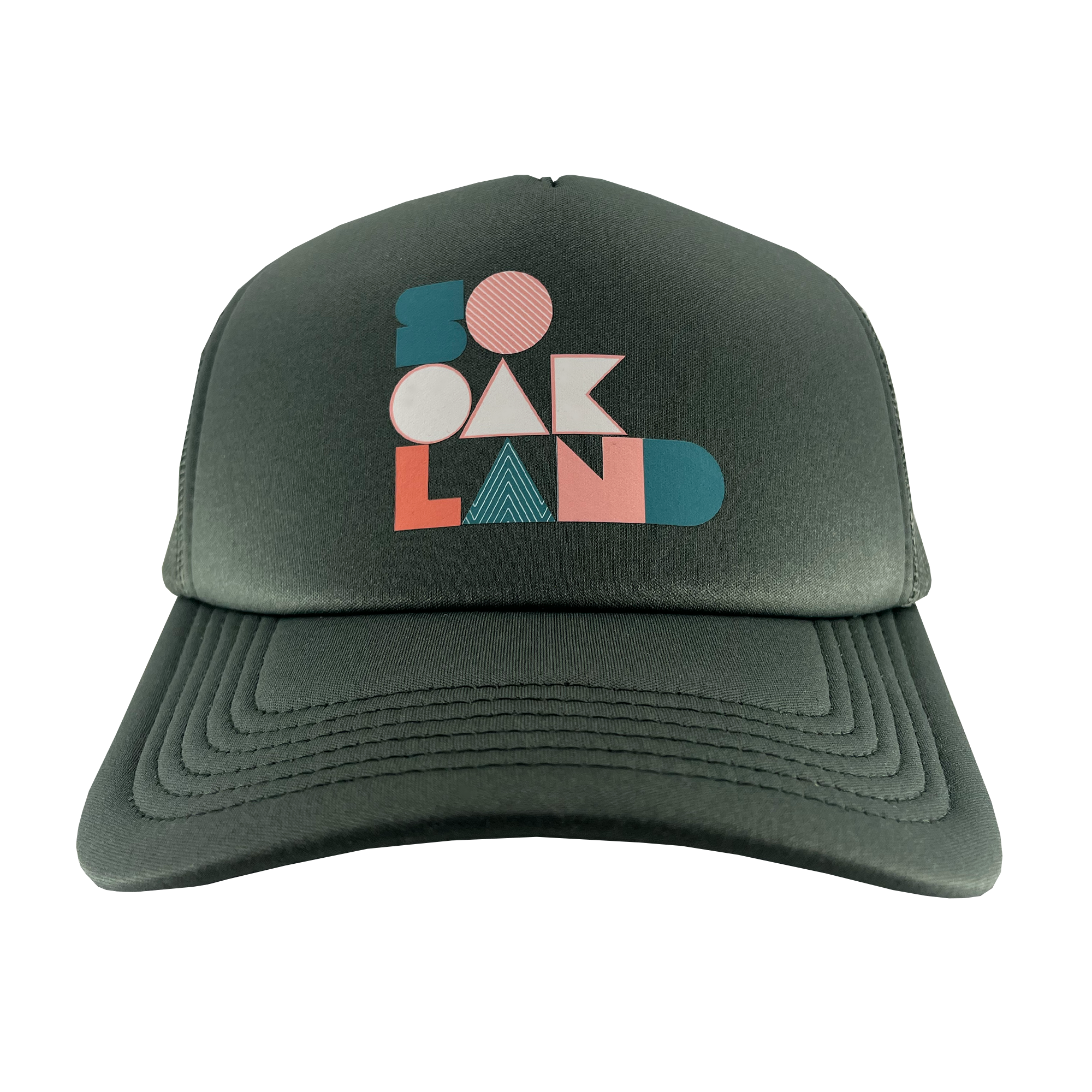 Front view of a cypress green trucker cap with full-color SoOakland wordmark in the crown.
