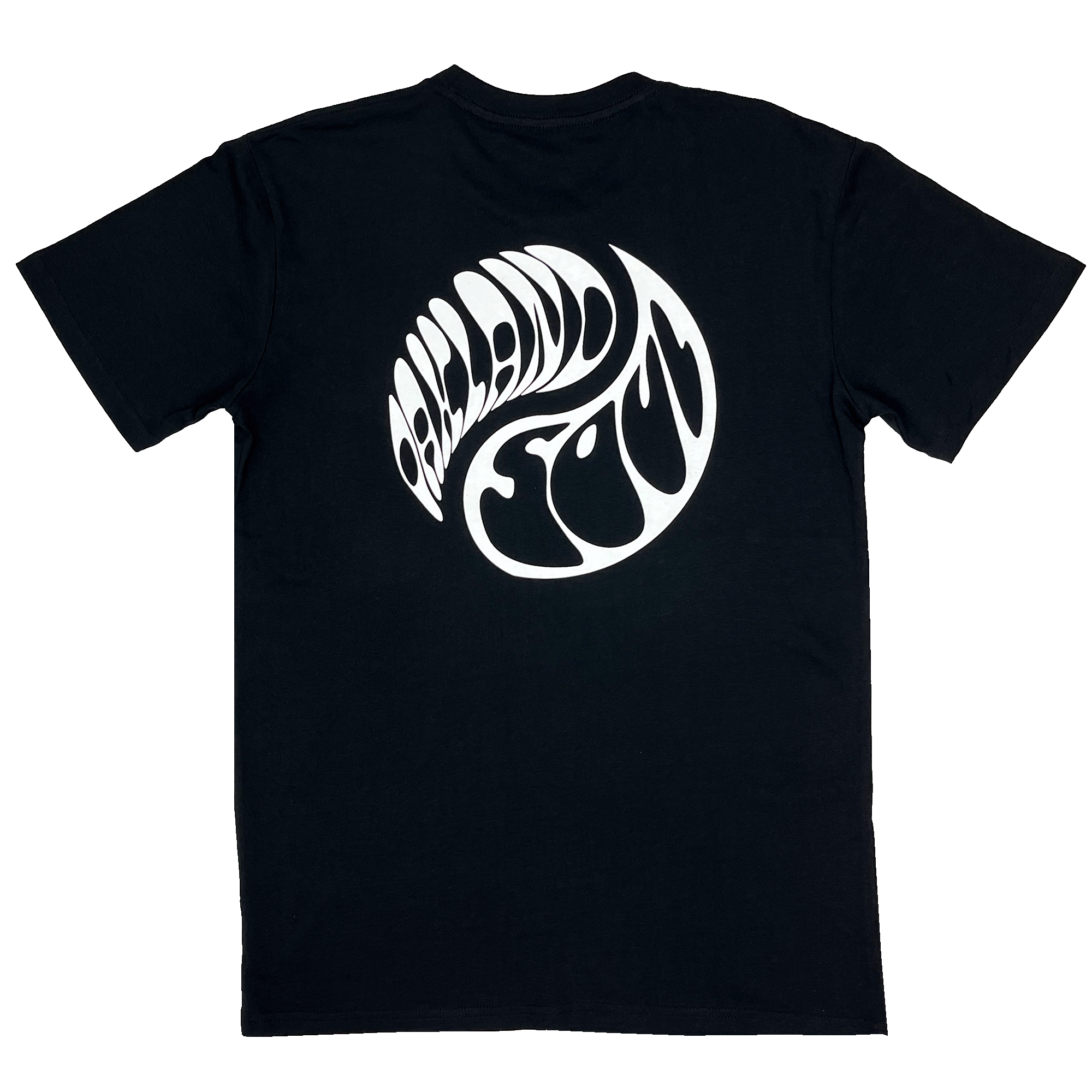 The Oakland Soul SC Balance Tee, by Oakland Soul, features a large white graphic on the back with stylized, flowing text that reads "Oakland Soul." This circular design creates a visually striking and artistic contrast against the black background, celebrating women's soccer in the USL W-League.