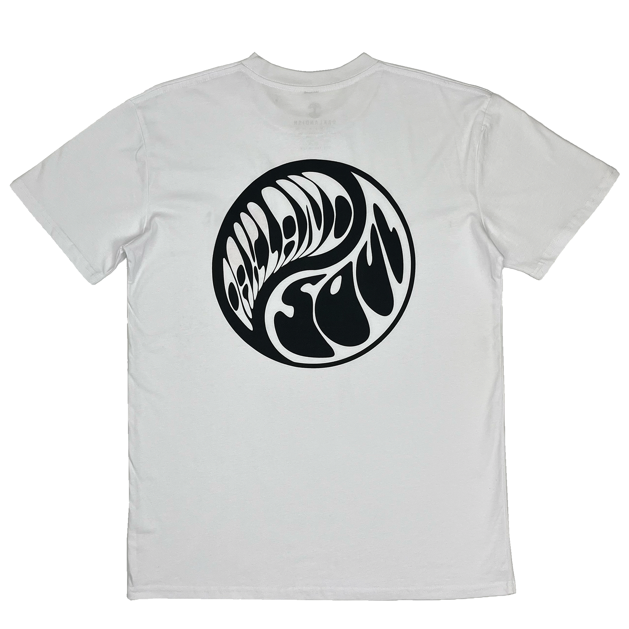 The Oakland Soul SC Balance Tee by Oakland Soul is a white short-sleeve T-shirt featuring a prominent black circular graphic on the back. The design evokes a yin-yang symbol, with the text "Oakland Soul & Mind" integrated into the circle in a fluid, wavy font. The front of the T-shirt is not shown.