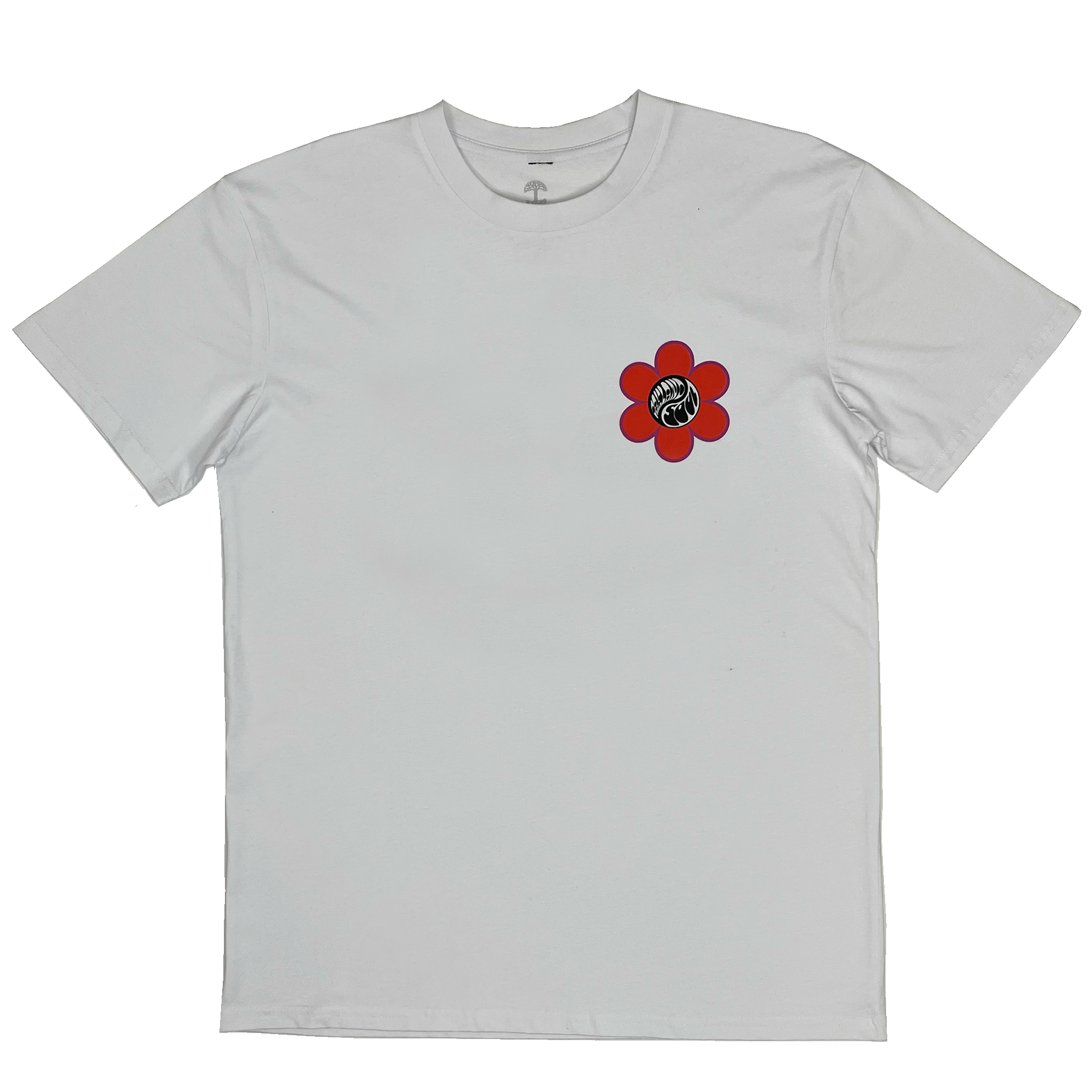 Introducing the Oakland Soul SC Balance Tee by Oakland Soul! This plain white t-shirt features a small, centrally-located red flower graphic on the left side of the chest, with a black and white spiral design inside the flower that pays homage to Oakland Soul, an emerging women's soccer team in the USL W-League. The t-shirt is designed with short sleeves and a round neckline for a comfortable fit.