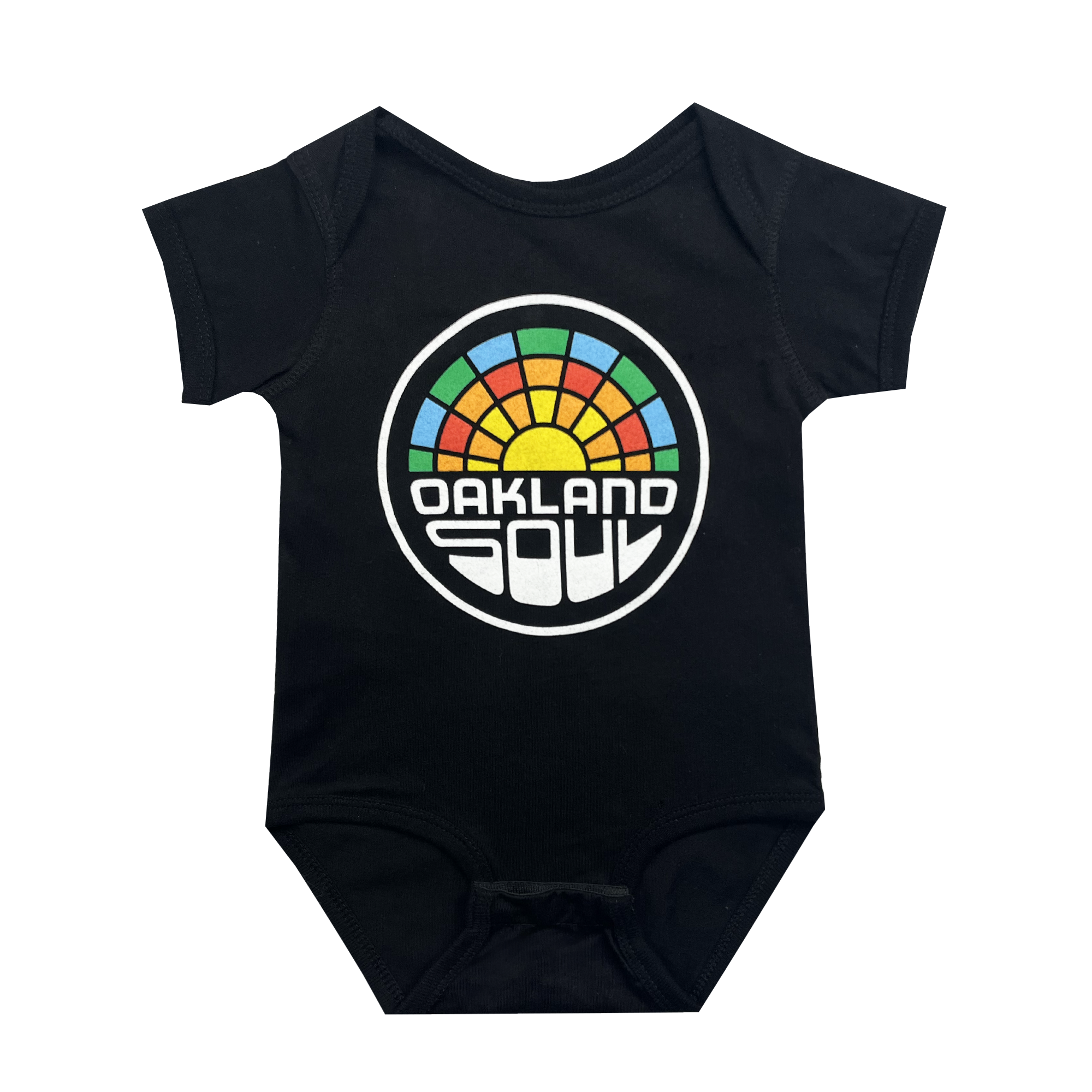 The Infant Oakland Soul Logo One-Piece from Oakland Soul is a black baby onesie that features a colorful circular logo prominently in the center. The logo displays the text "Oakland Soul" in white, set against a semi-circle of vibrant rainbow segments above it, resembling a rising sun. Inspired by the spirit of the Oakland Soul women's soccer team, this onesie comes with short sleeves and snap closures at the crotch for easy dressing.