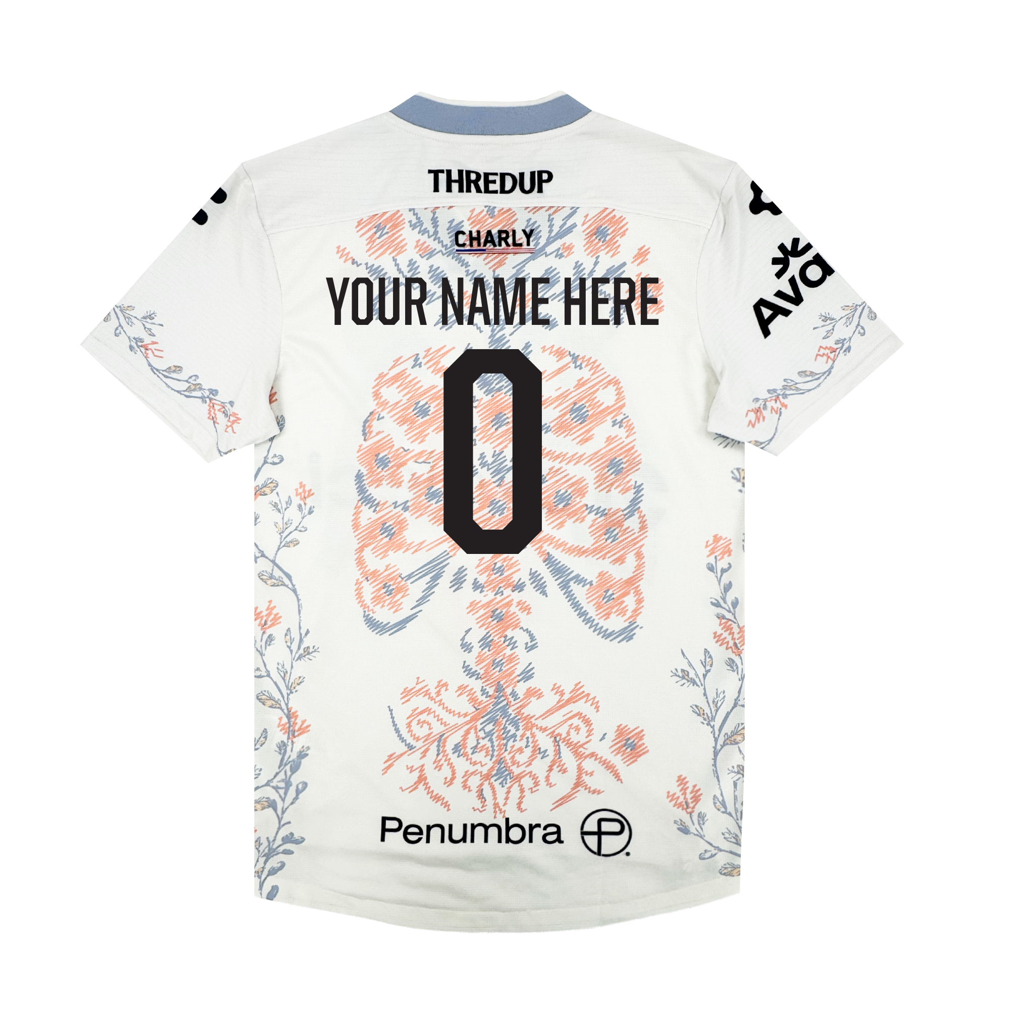 A white Oakland Soul Custom 2026 SC Form Jersey, seen from the back, has blue and orange lung graphics, black sponsor logos, "YOUR NAME HERE" and a bold number 0. The light blue collar and sleeves feature delicate branch accents.