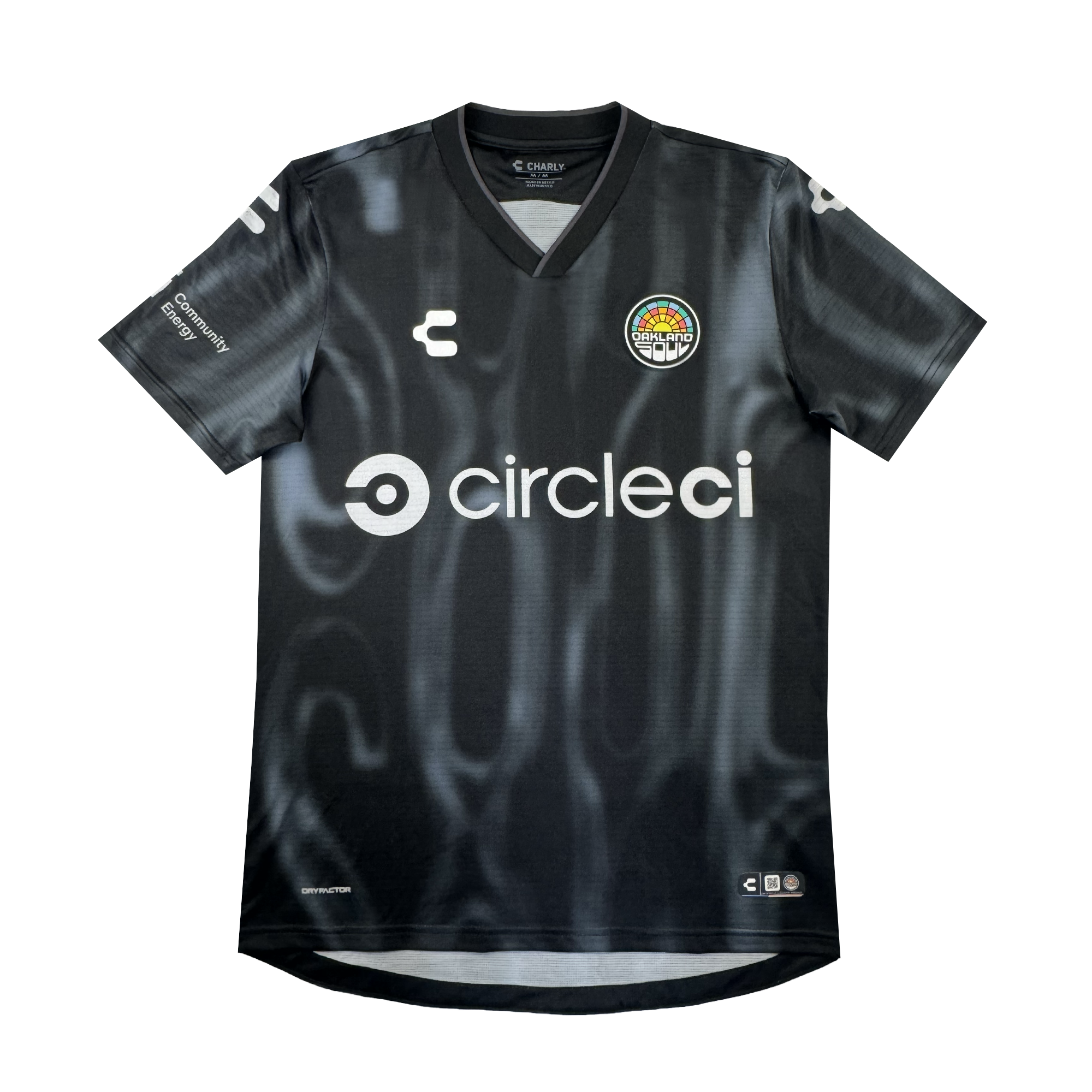 The 2026 OAKLAND SOUL SC SPIRIT JERSEY by Oakland Soul is a black, short-sleeve polyester soccer jersey with a subtle wavy pattern, white “circleci” sponsor on the front, logos on chest and sleeves, and a colorful round club crest.