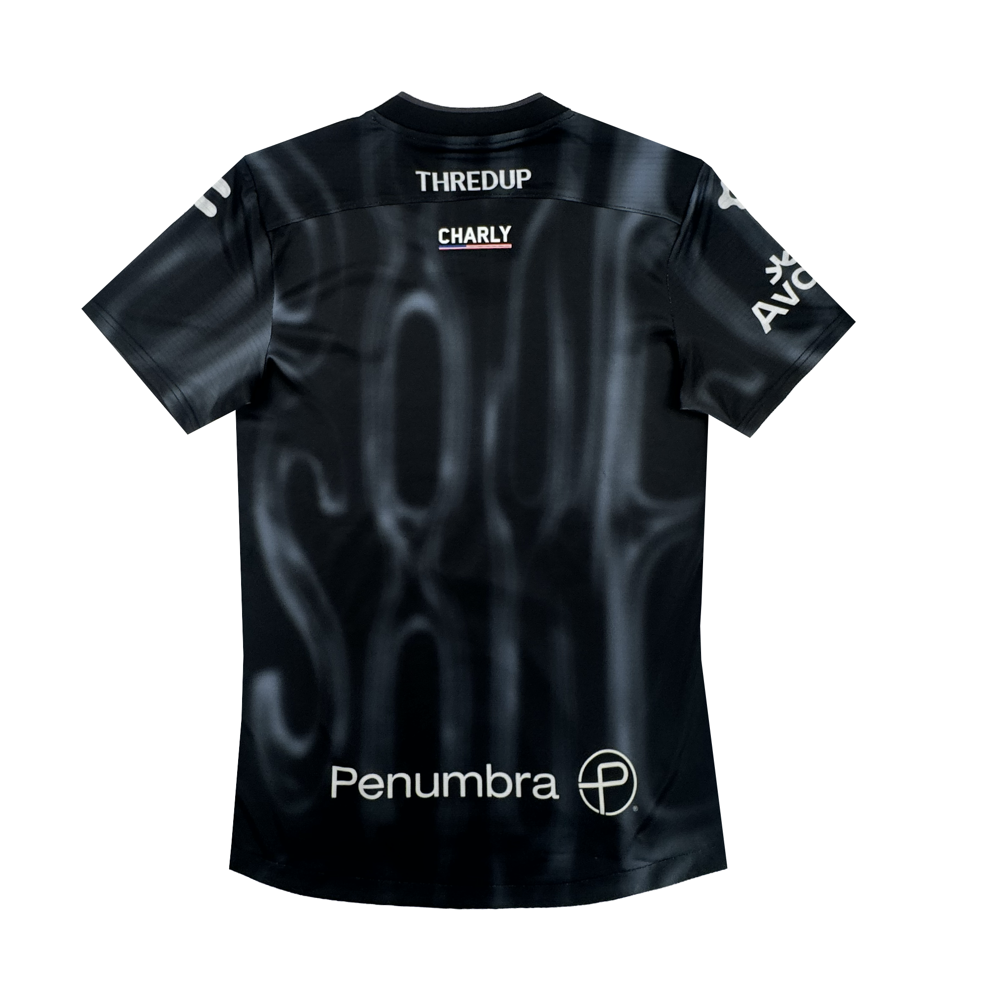 The 2026 OAKLAND SOUL SC SPIRIT JERSEY by Oakland Soul is a black polyester soccer jersey with subtle white smoky patterns, sponsor logos including THREDUP, CHARLY, Penumbra (with circular icon), and a partly visible AVC on the sleeve.