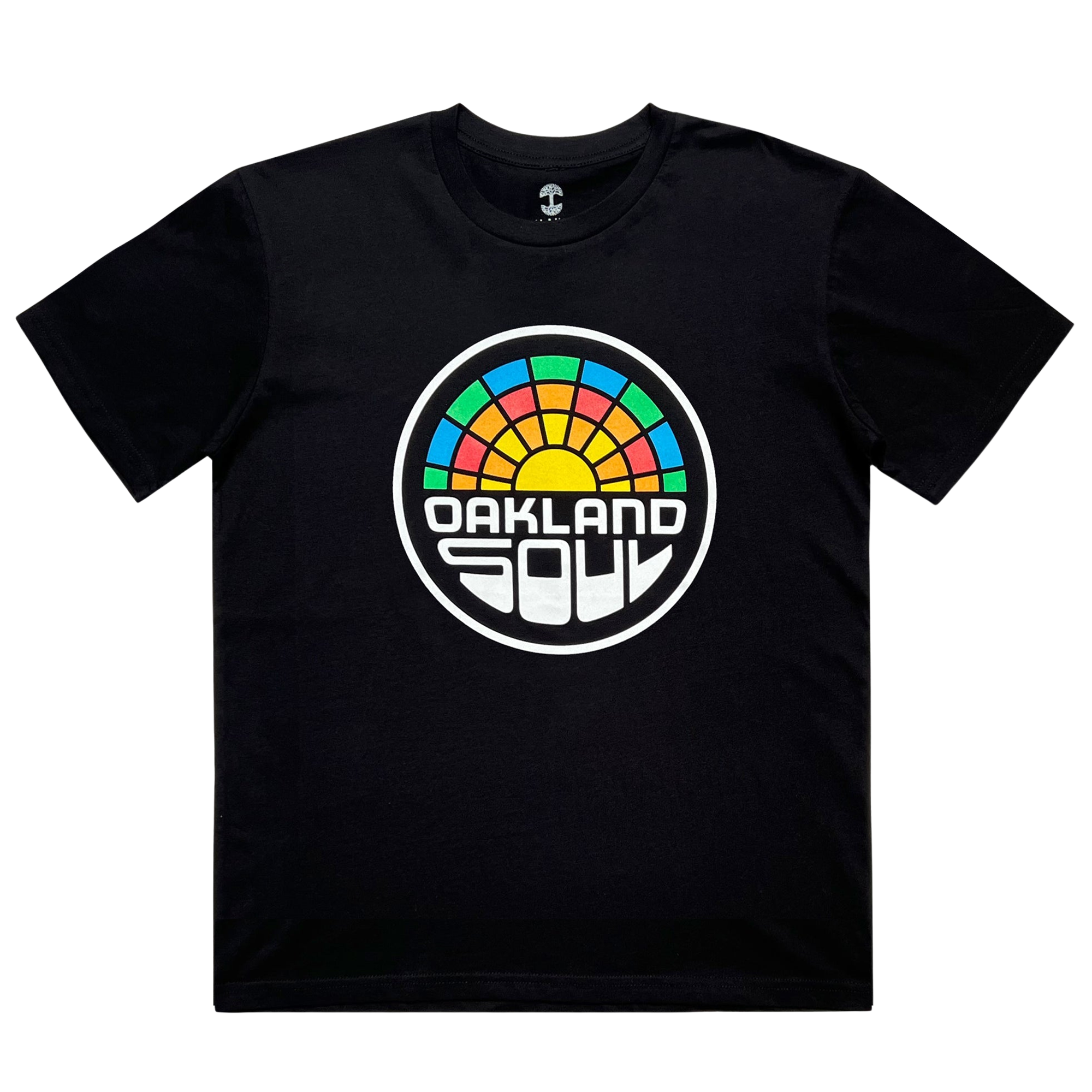 The Oakland Soul Logo Minus Tee is a black T-shirt with a circular logo: colorful geometric sunrise on top and "OAKLAND SOUL" in bold font below, honoring the city’s women’s soccer team. Brand: Oakland Soul.