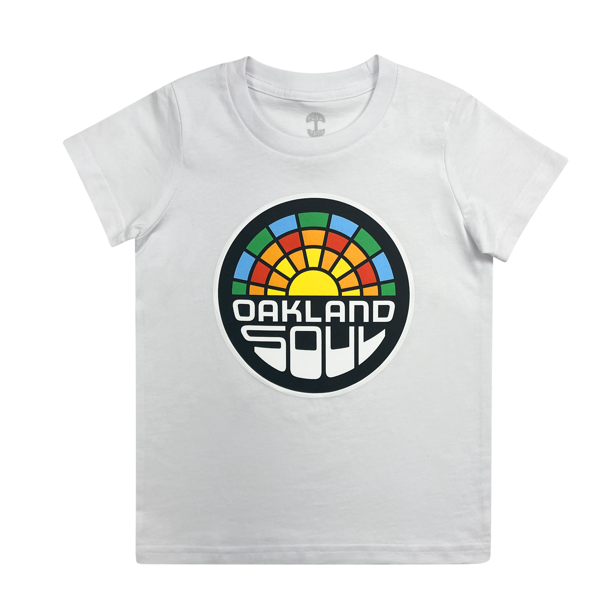 The Youth Oakland Soul Logo Tee features a striking white finish and a vibrant circular graphic on the front. The design showcases a rainbow with a yellow sun at its center, accompanied by the bold text "OAKLAND SOUL" in capital letters below, celebrating women's soccer and Oakland Soul's participation in the USL W-League.