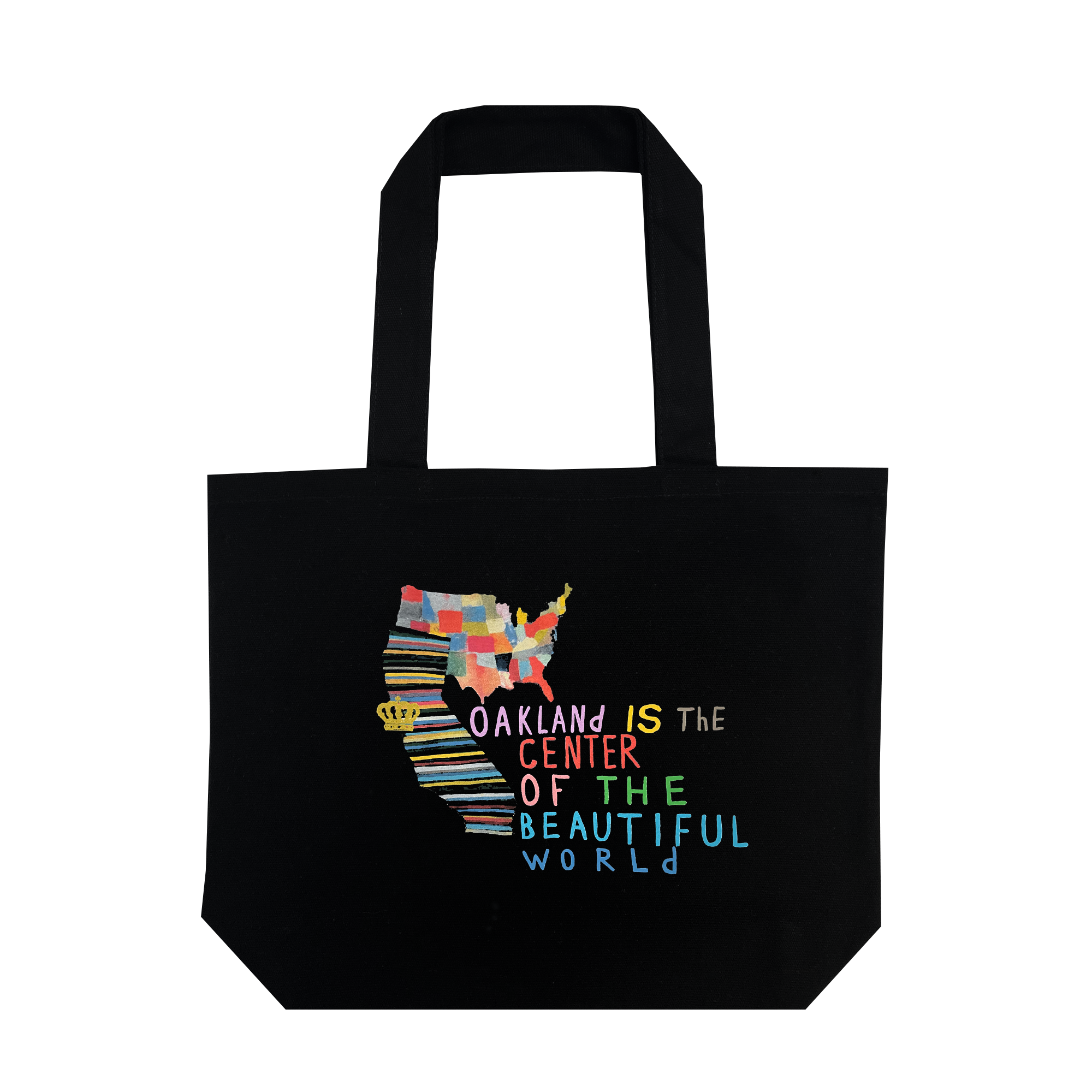 Oakland Is the Center of World mural art by contemporary artist Squeak Carnwath on a black cotton shopping tote.
