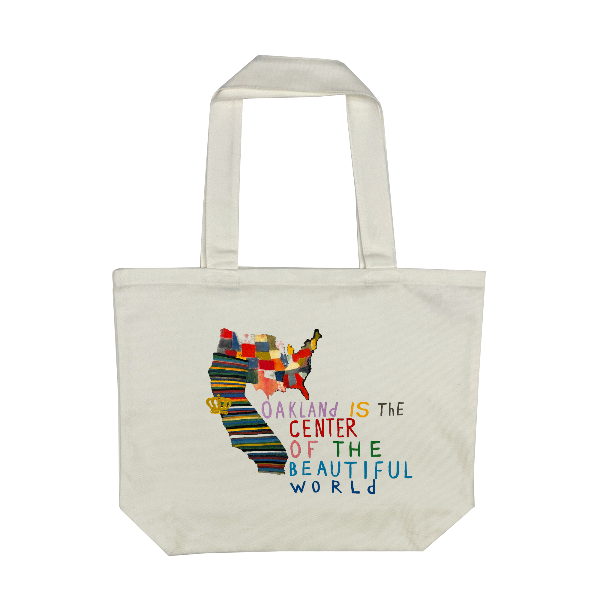 Oakland Is the Center of World mural art by contemporary artist Squeak Carnwath on a cream colored cotton shopping tote.