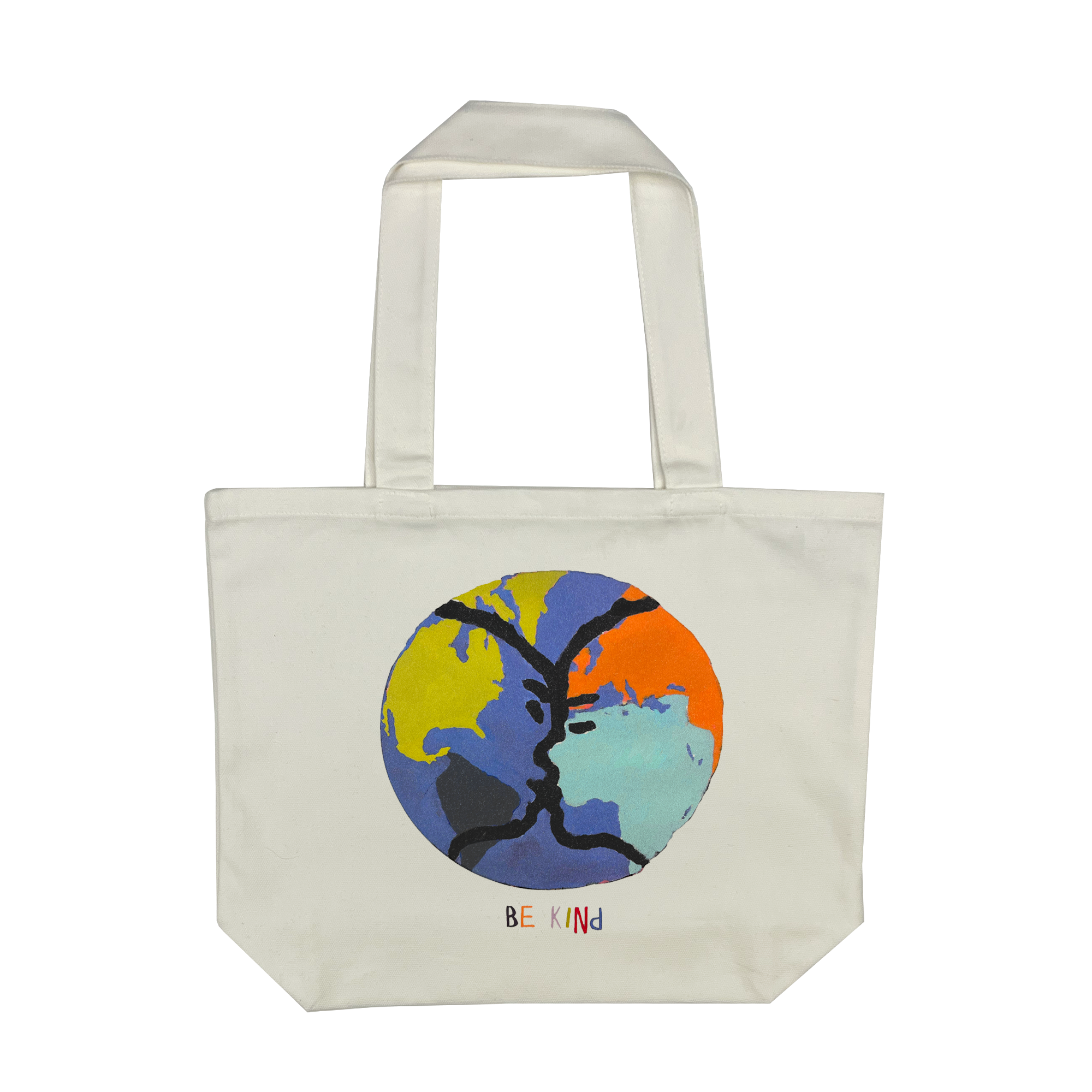 Be Kind Oakland mural art by contemporary artist Squeak Carnwath on a cream-colored shopping tote.