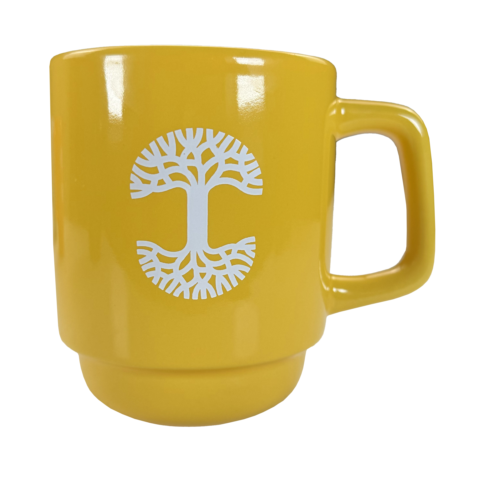 The Logo Stack Mug by Oaklandish is a yellow ceramic mug with a white stylized tree logo in the center, featuring circular branches and roots, a broad handle, and a glossy finish. Displayed on a plain white background.