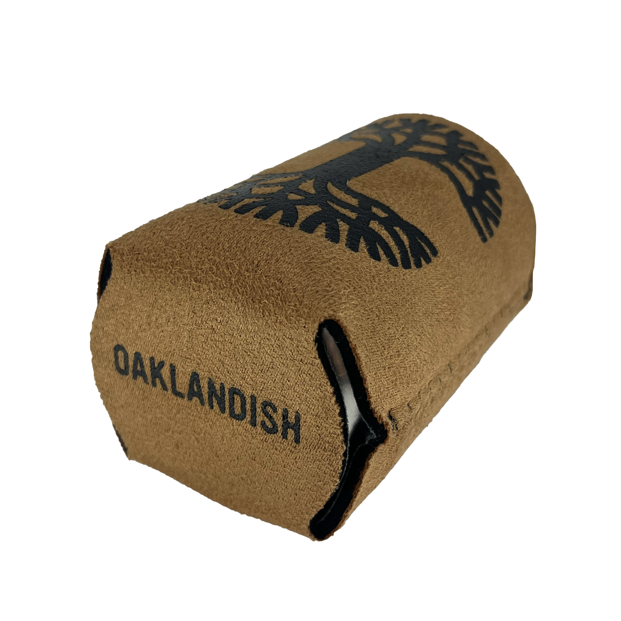 View of underside of suede feeling brown can cooler drink sleeve with OAKLANDISH wordmark on the bottom.