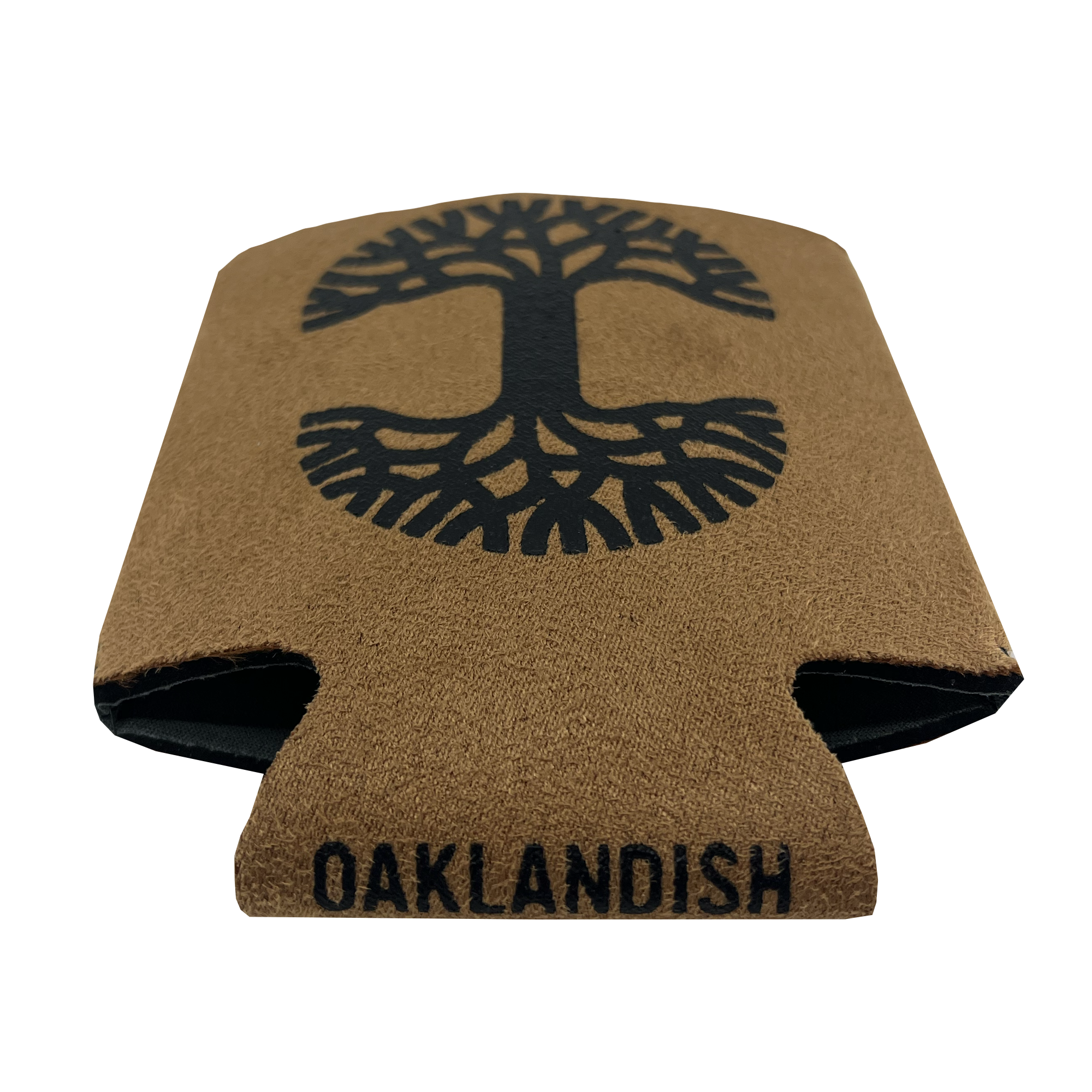 Flat underside of suede feeling brown can cooler drink sleeve with OAKLANDISH tree logo on side and OAKLANDISH wordmark on the bottom.