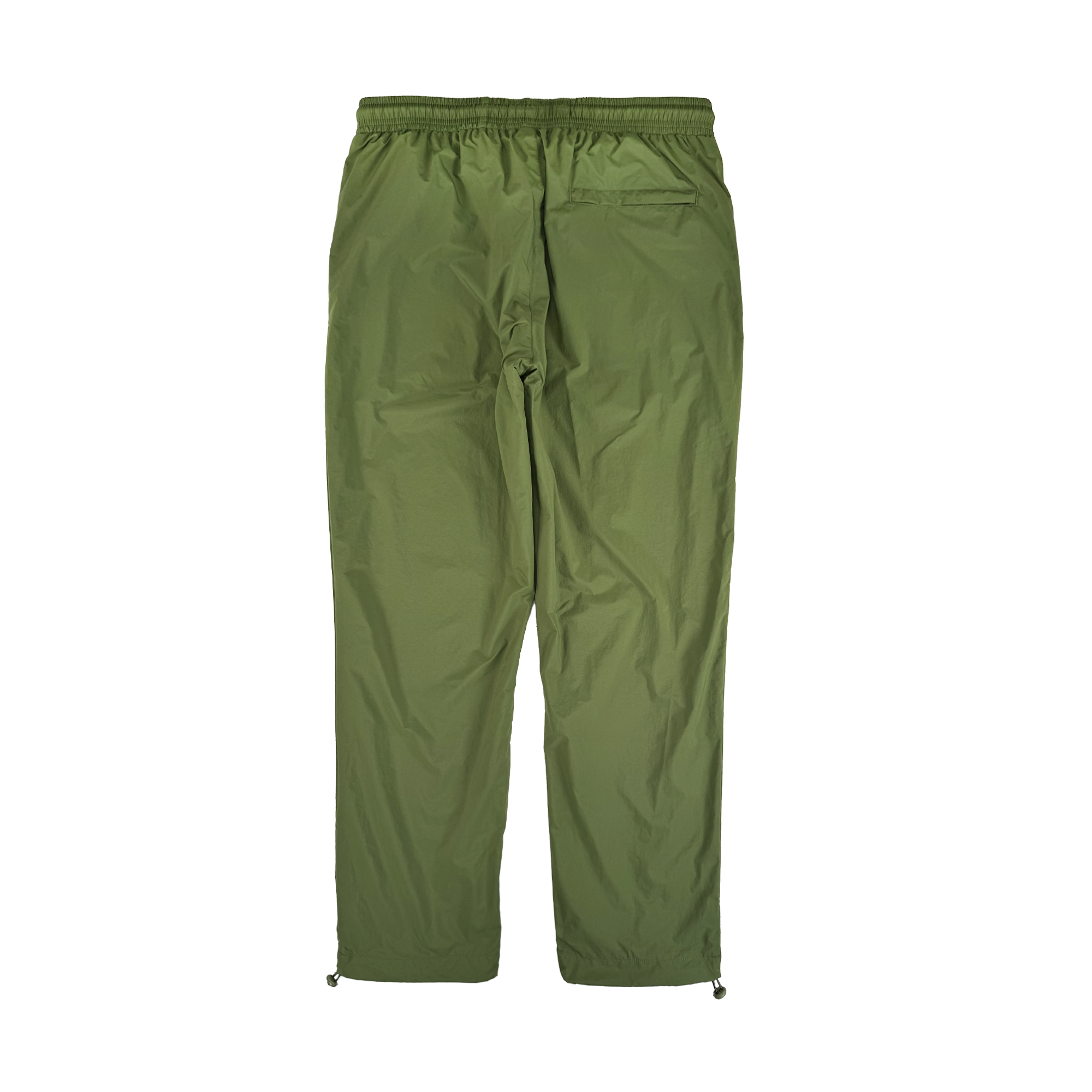 The Susurrus Track Bottom by Oaklandish features lightweight olive green nylon, an adjustable waistband, single right back pocket, and drawstring ankles. These relaxed, straight-leg pants are inspired by classic army style.