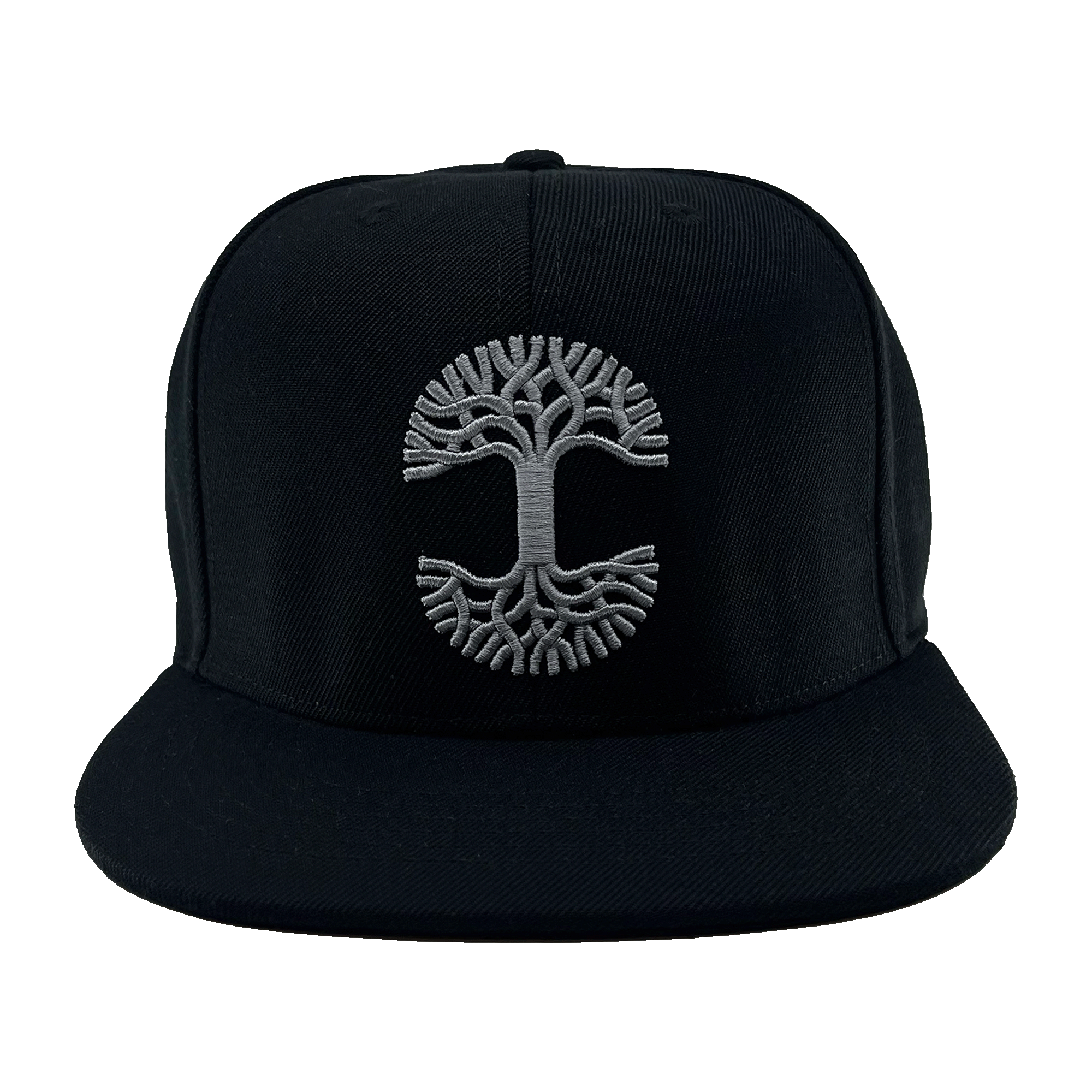 Front view of a black hat with a silver-embroidered Oaklandish tree logo on the crown and black square bill. 