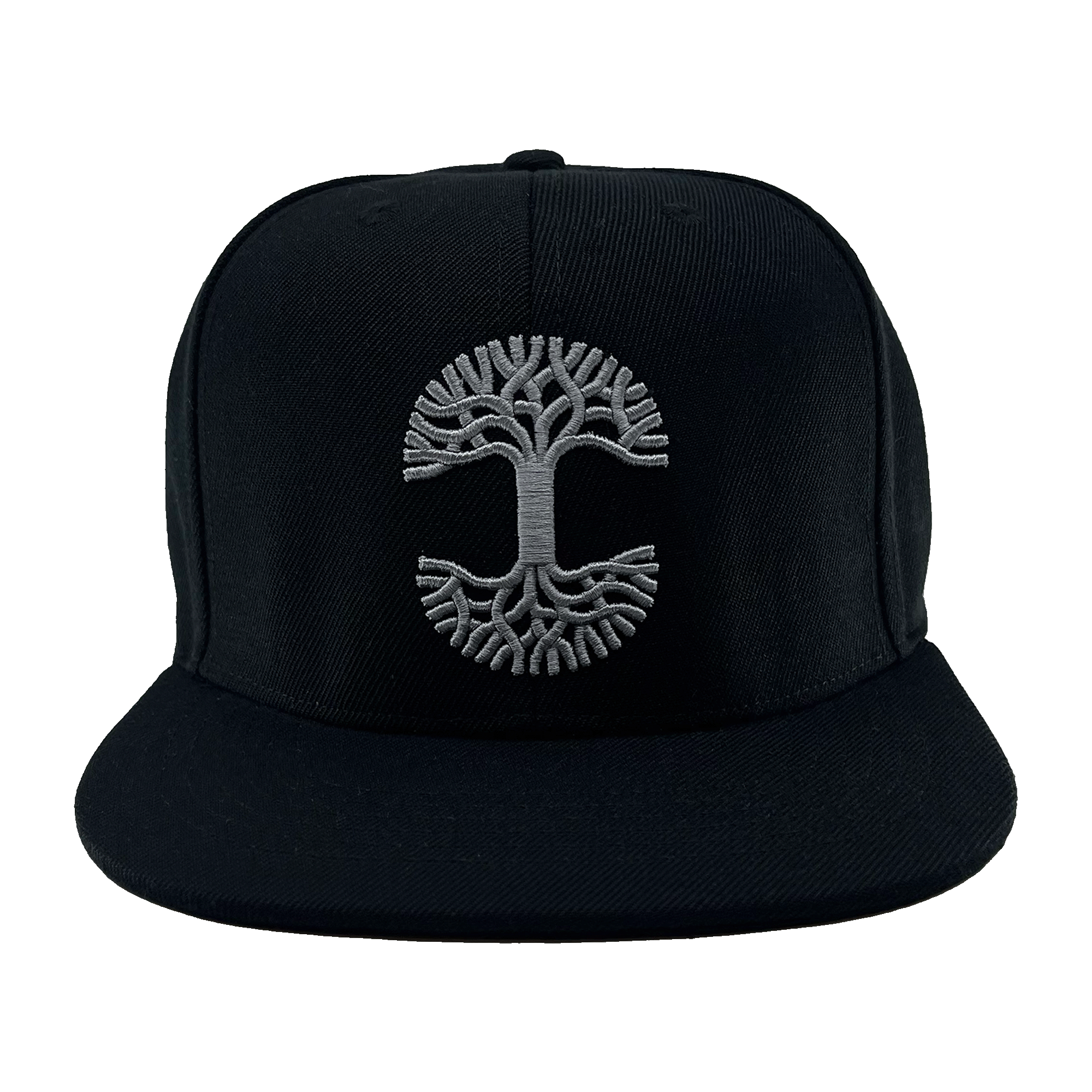 The Town Aft Snapback by Oaklandish is a black hat featuring a wide, flat brim. The front prominently displays a white embroidered Oaklandish tree logo with symmetrical branches and roots, reminiscent of the tree of life symbol. The background is solid green and includes an adjustable snapback for the perfect fit.