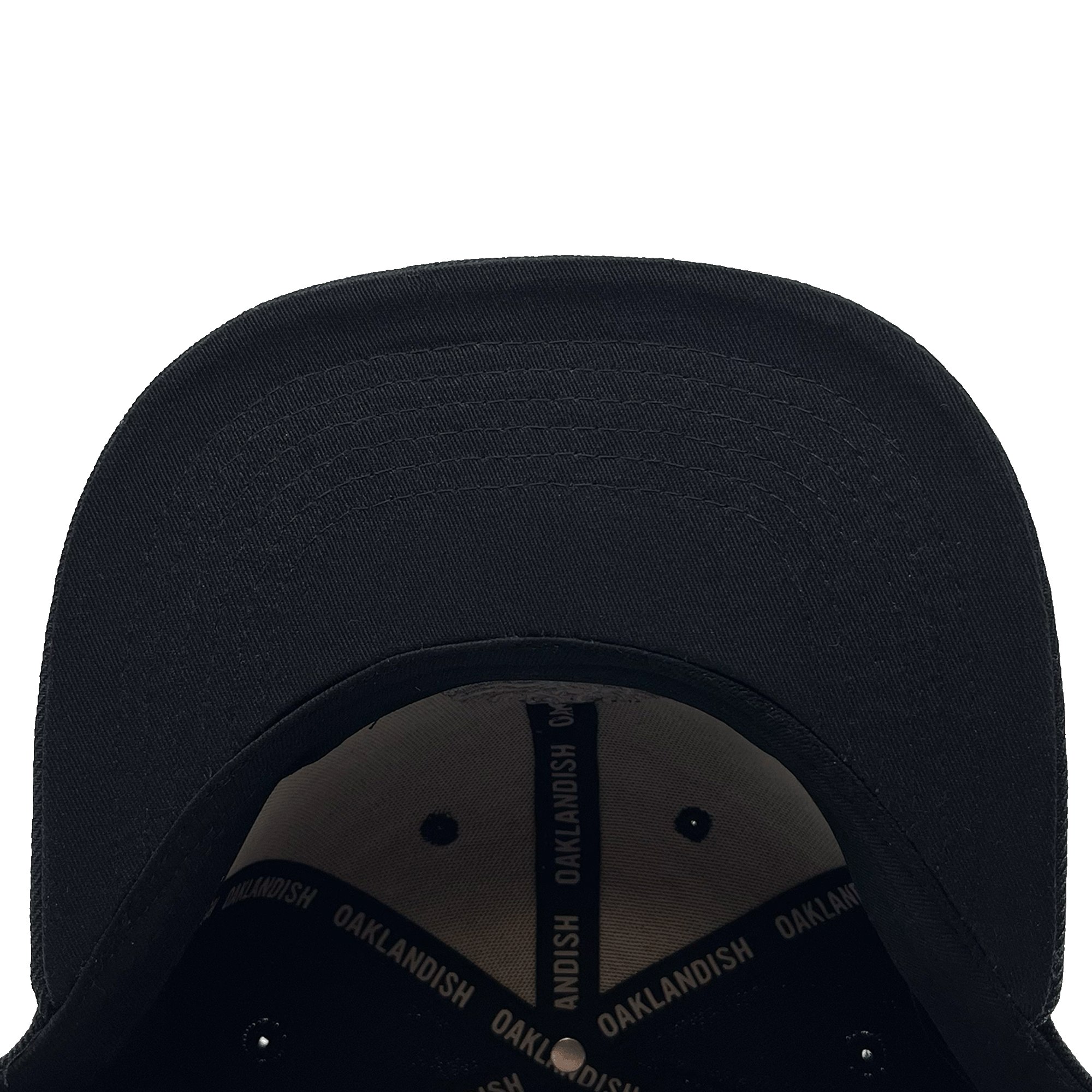 The Town Aft Snapback by Oaklandish, viewed from a top-down perspective, reveals the underside of the brim with detailed stitching. Inside, a black band with "OAKLANDISH" printed in white is sewn around the interior. This adjustable snapback also features an embroidered Oaklandish tree logo. The background is plain white.