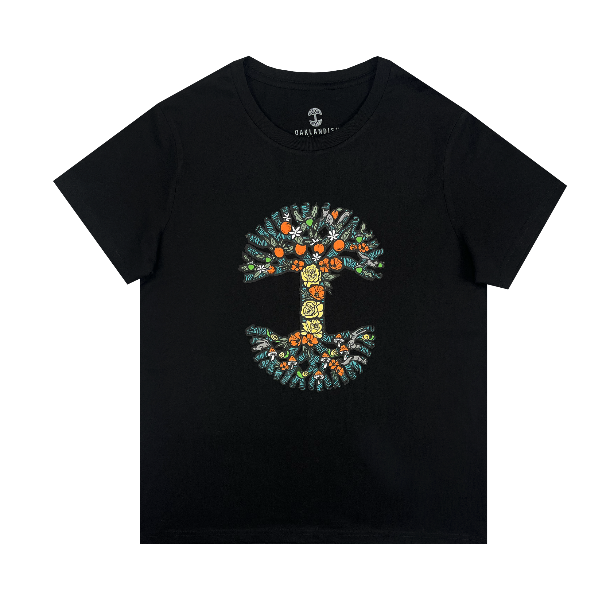 Women's cotton tee in black color with Oaklandish tree logo designed with nature blooming.