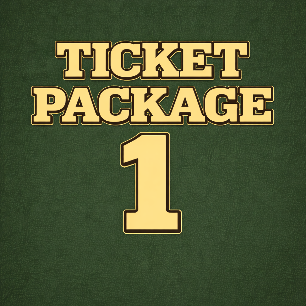 Bold yellow text on a dark green textured background reads "Ticket Package" above a large yellow "1," both with black outlines for emphasis. Perfect for Oakland68s Fans Fest 2026. Includes drink tickets. Product Name: Ticket Package 1.