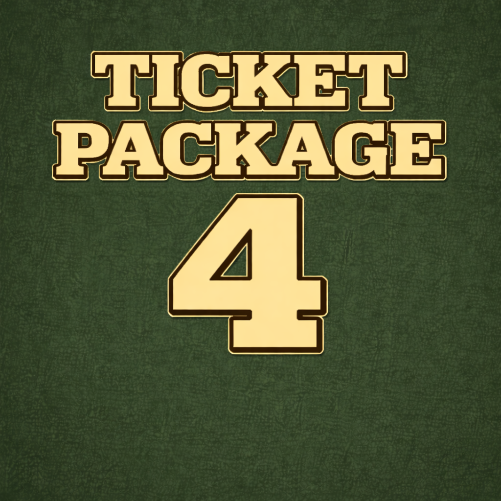 Bold gold text on a dark green textured background reads "TICKET PACKAGE" above a large gold "4." Centered in a blocky font, this Ticket Package 4 by Oakland68s is ideal for fans looking to score drink tickets at Fans Fest 2026.