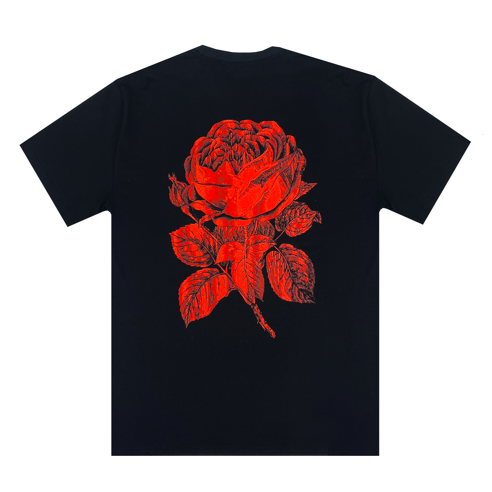 Back view of Black tee with red rose printed center.