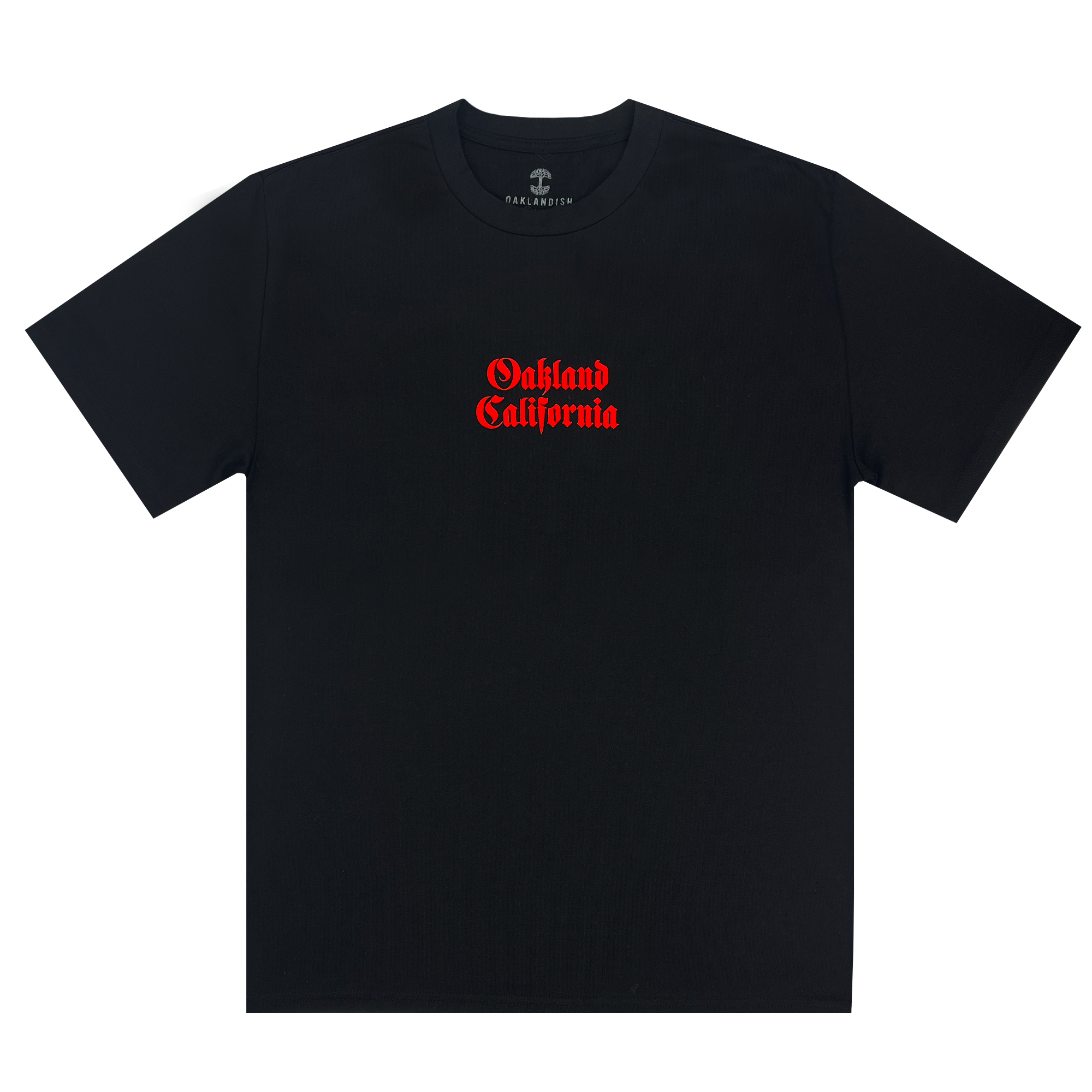 Front view of  black tee with Oakland California printed centered in red ink.