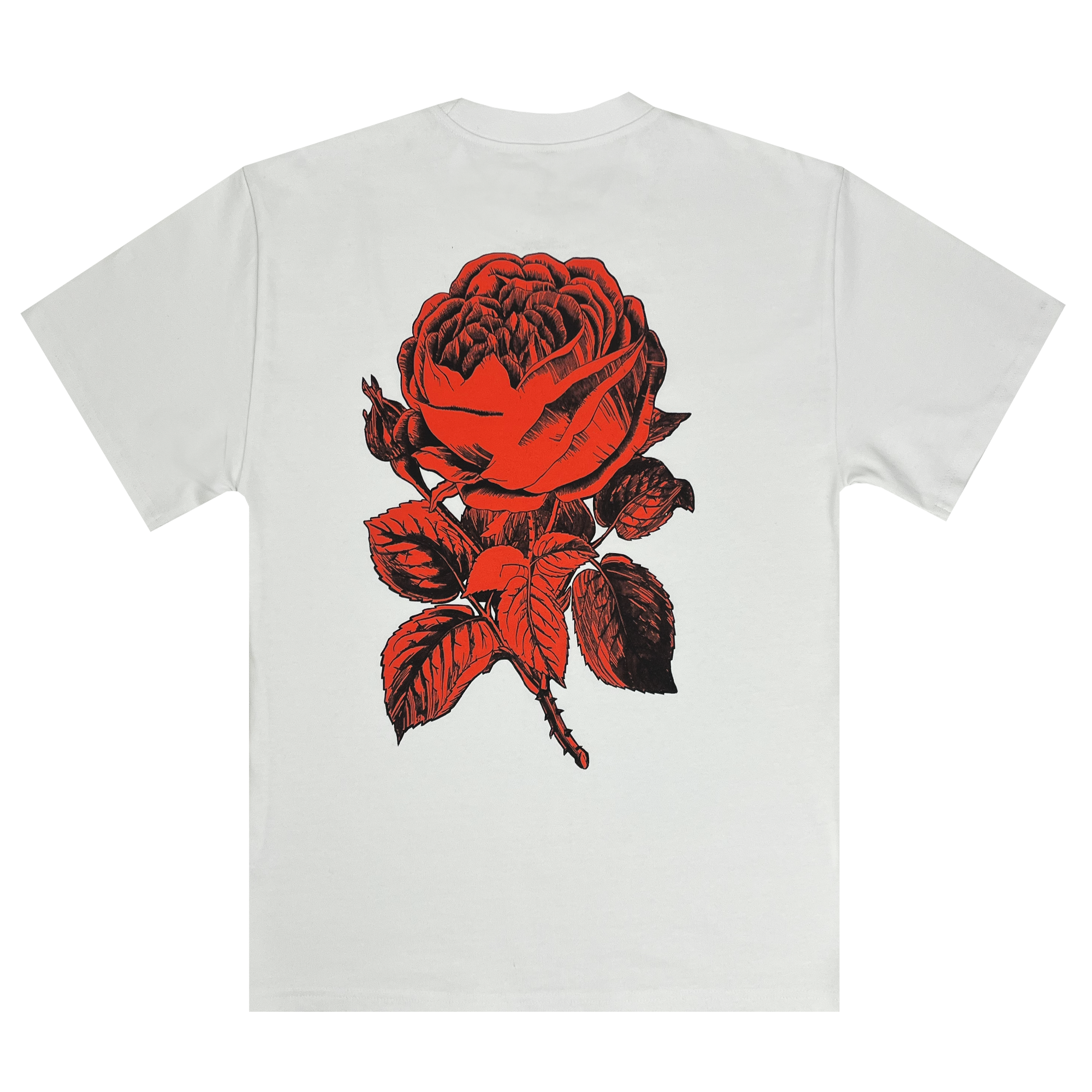Back view of white tee with red rose printed center.