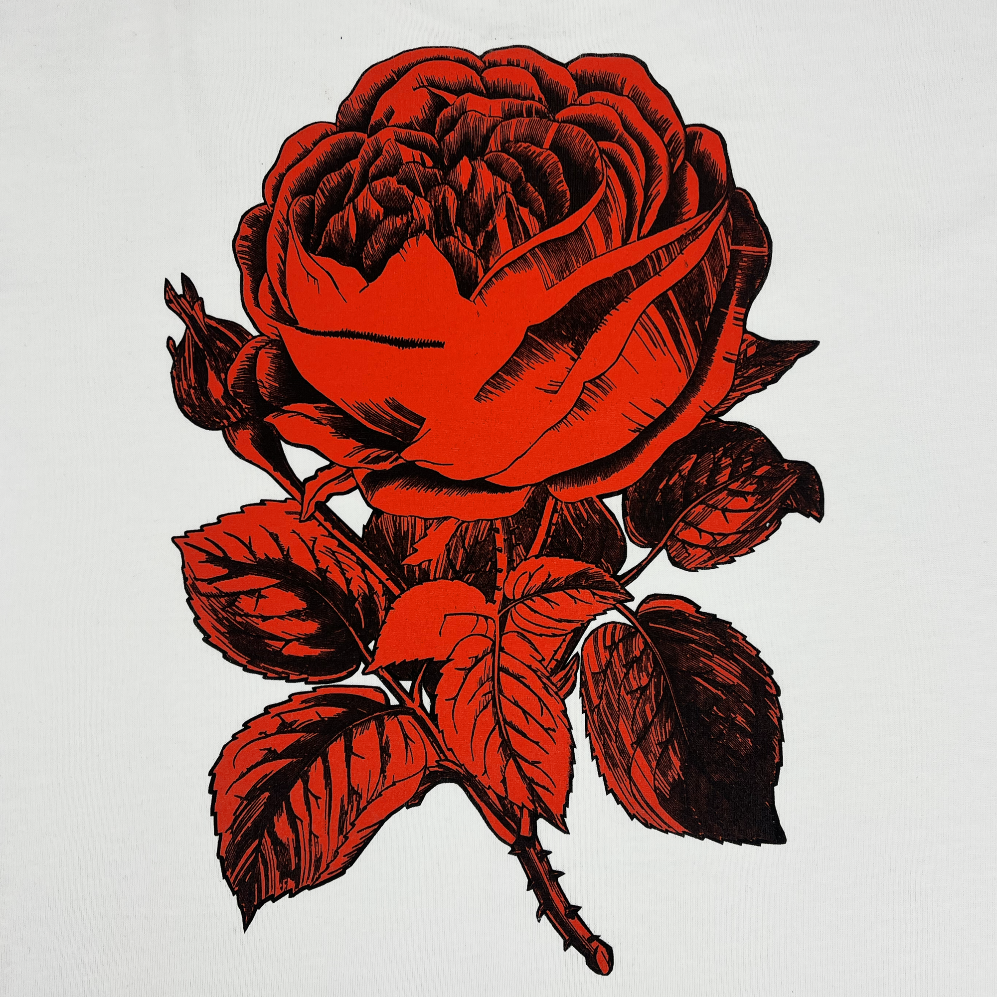 Detailed view of the back of a white tee with red Town Rose.