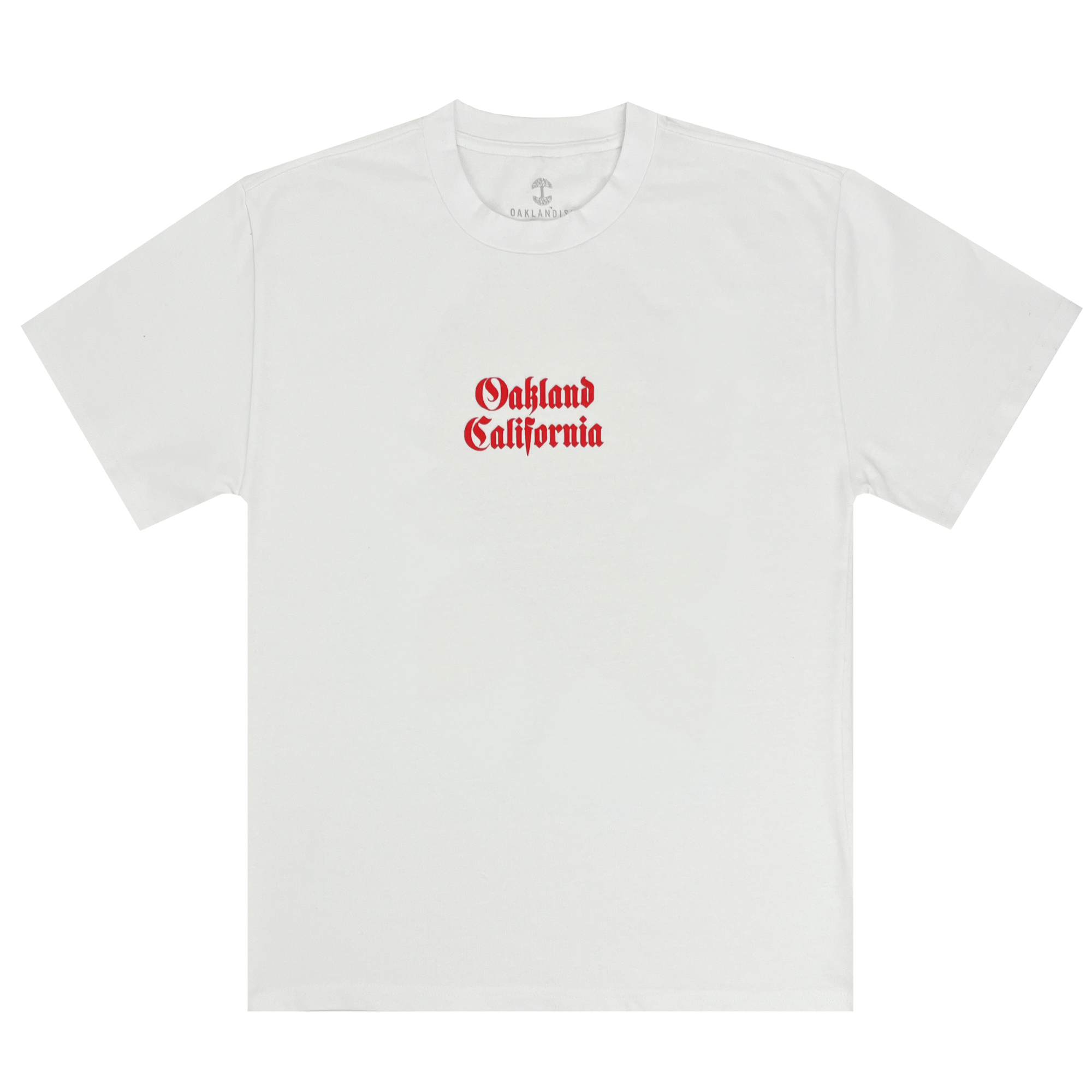 Front view of white tee with Oakland California printed centered in red ink.