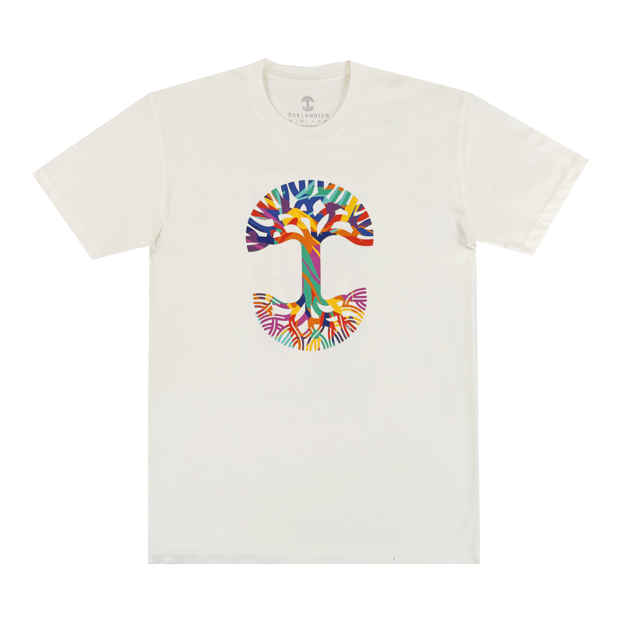 The Urban Tropics Tee by Oaklandish is a white shirt with a vibrant, tree-shaped "T" design inspired by Kalani Ware, featuring colorful abstract branches and roots for an eye-catching look.