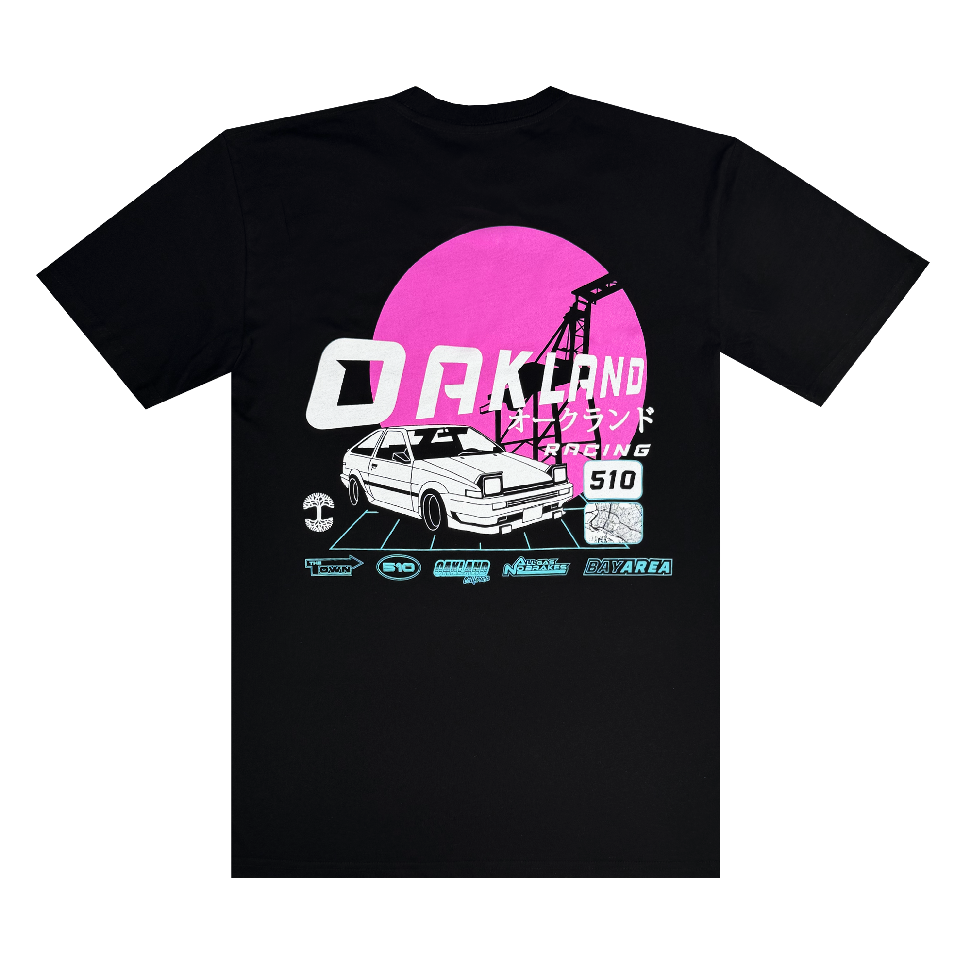 The Tuner Tee by Oaklandish is a men's classic fit black T-shirt boasting a retro design. Made from 100% cotton, it features a white car illustration on a large pink circle with "Oakland Racing," Japanese characters, and logos like D1, Nismo, Motul, and Vertex.