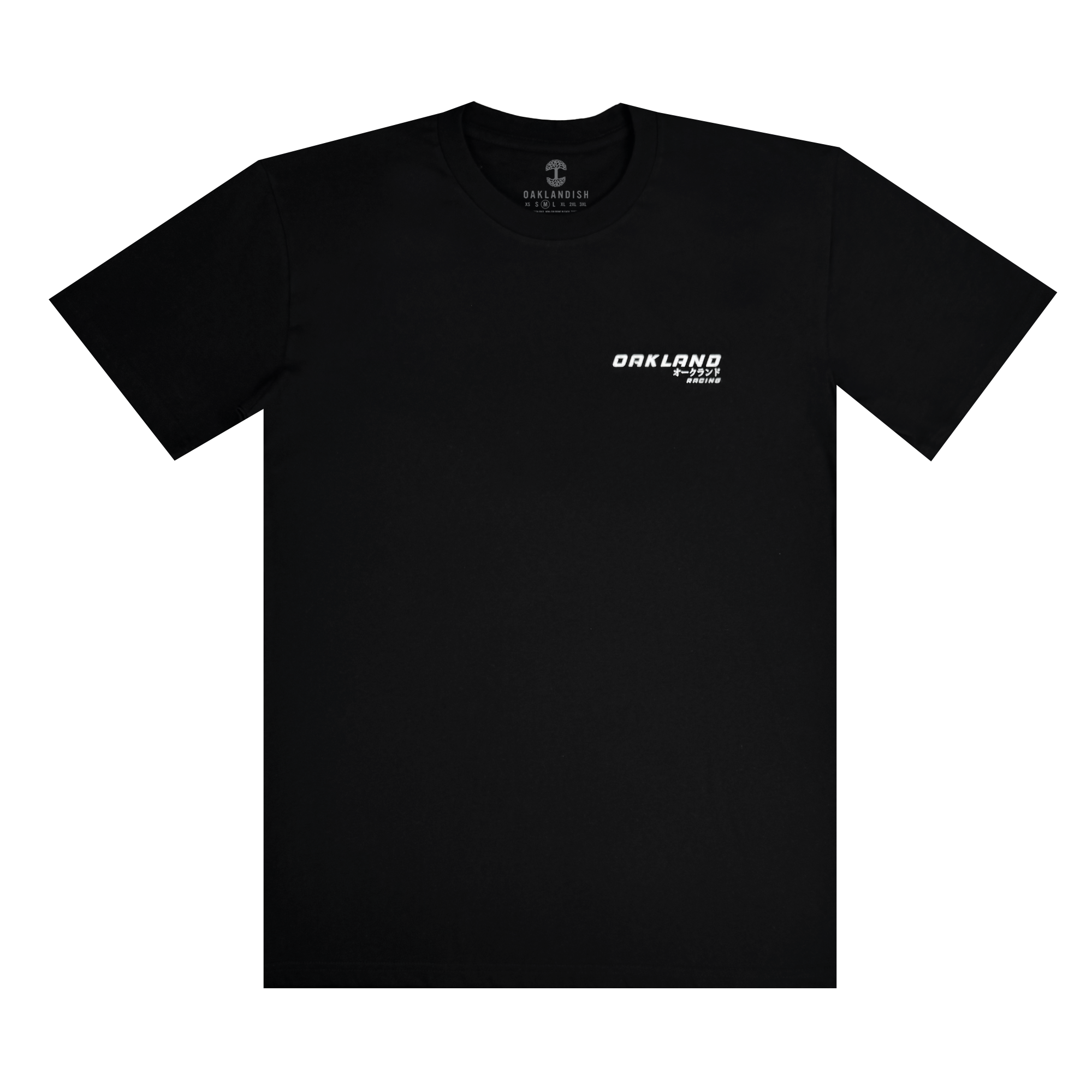 The Tuner Tee by Oaklandish is a black, classic-fit short-sleeved shirt made of 100% cotton. It features a small white "OAKLAND" logo on the upper left chest in bold uppercase letters, offering a minimalist and modern look. Available in men's sizes, it's displayed on a white background.
