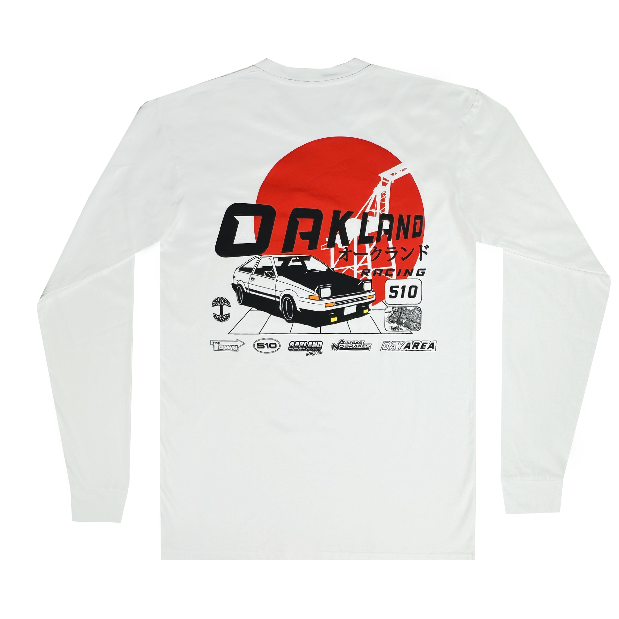The Tuner LS Tee by Oaklandish features a classic fit with a graphic of a vintage car under a bold red sun. Highlighting "OAKLAND RACING" in Japanese characters and "510," it merges automotive and urban styles in modern art, crafted from 100% cotton for comfort.