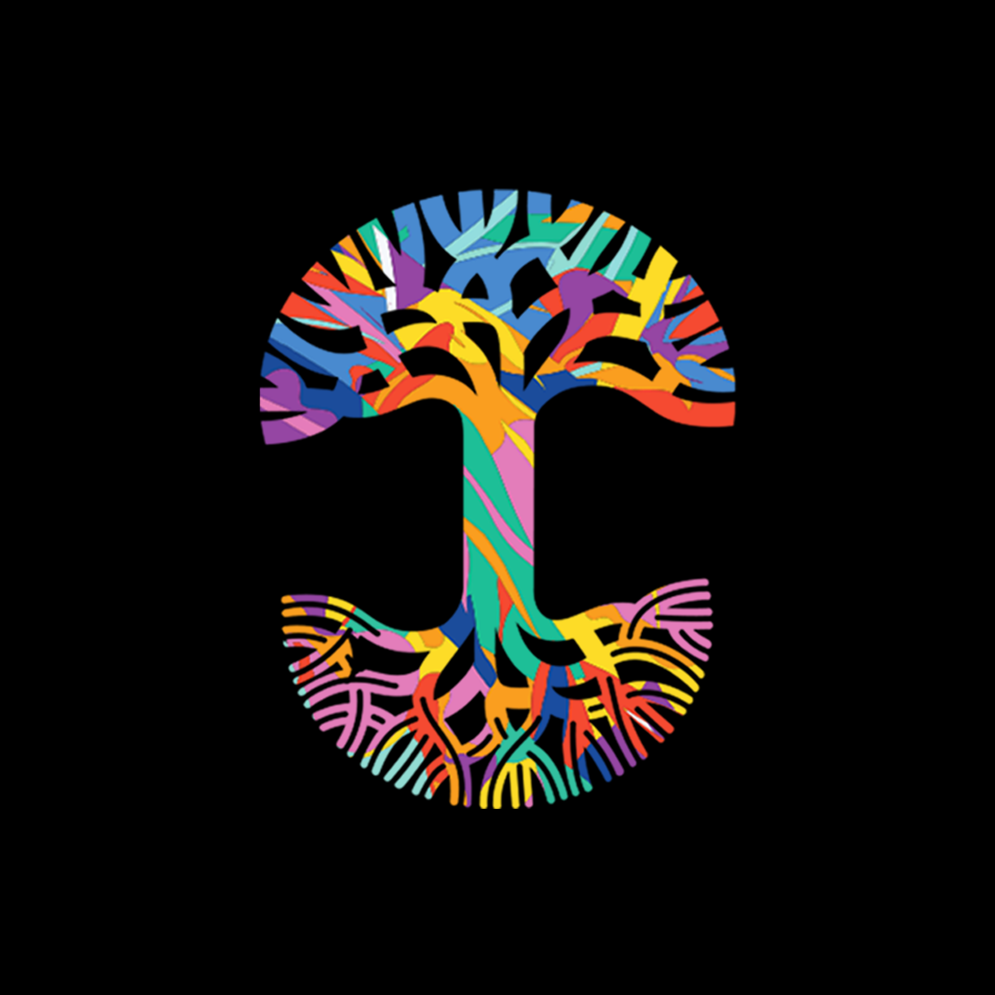 The Women's Urban Tropics Tee from Oaklandish features a stylized tree with vibrant, abstract branches and roots forming a symmetrical, mushroom-like shape on a solid black background—celebrating multiculturalism and vivid diversity.