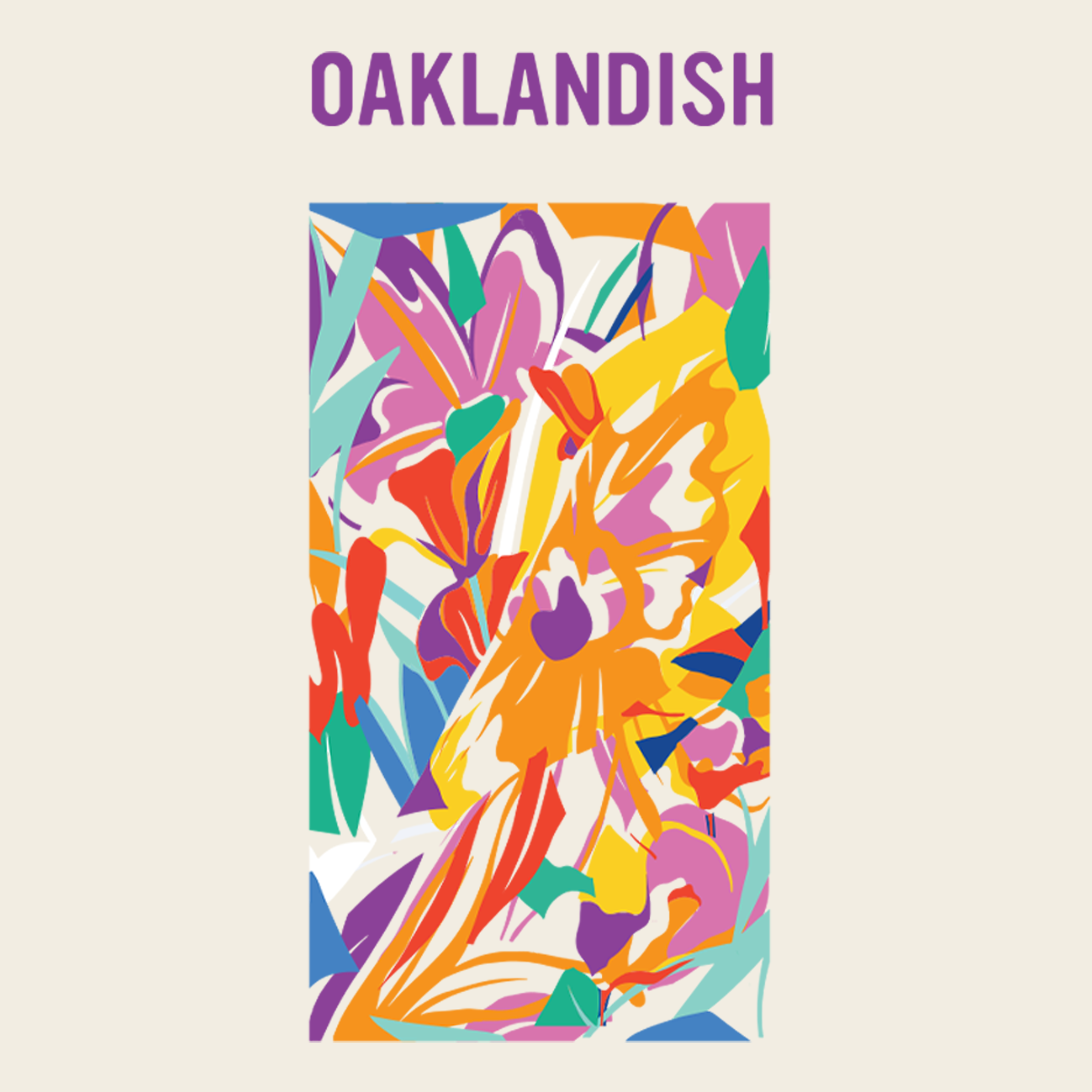 The Oaklandish Urban Tropics Tee features abstract, colorful floral art by Kalani Ware in yellow, orange, purple, pink, and teal on a light background with "OAKLANDISH" displayed in bold purple lettering above the vibrant design.