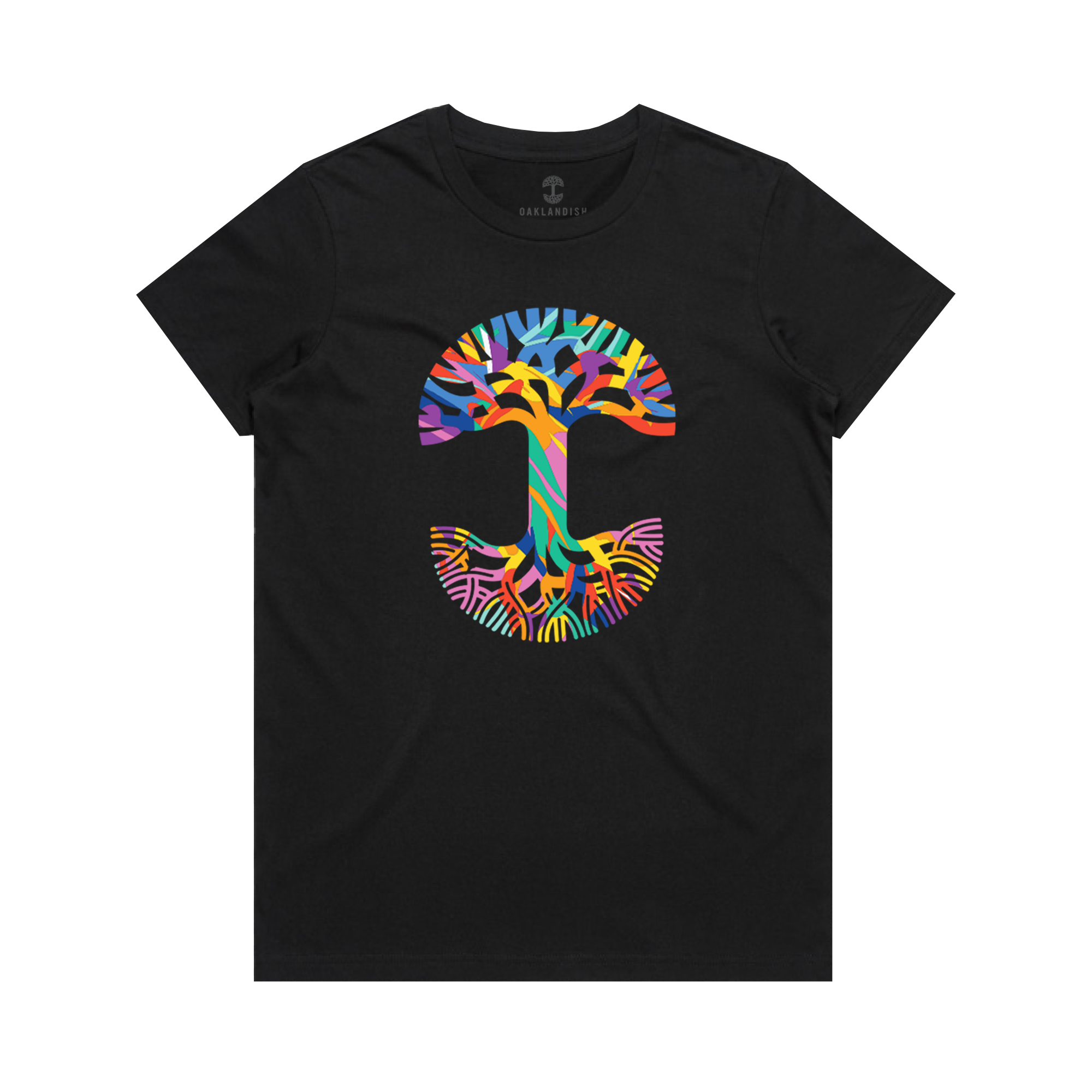 The Oaklandish Women's Urban Tropics Tee is a black t-shirt featuring Kalani Ware’s colorful, abstract tree design with vibrant branches and roots in blue, orange, yellow, pink, and purple forming a circular pattern.