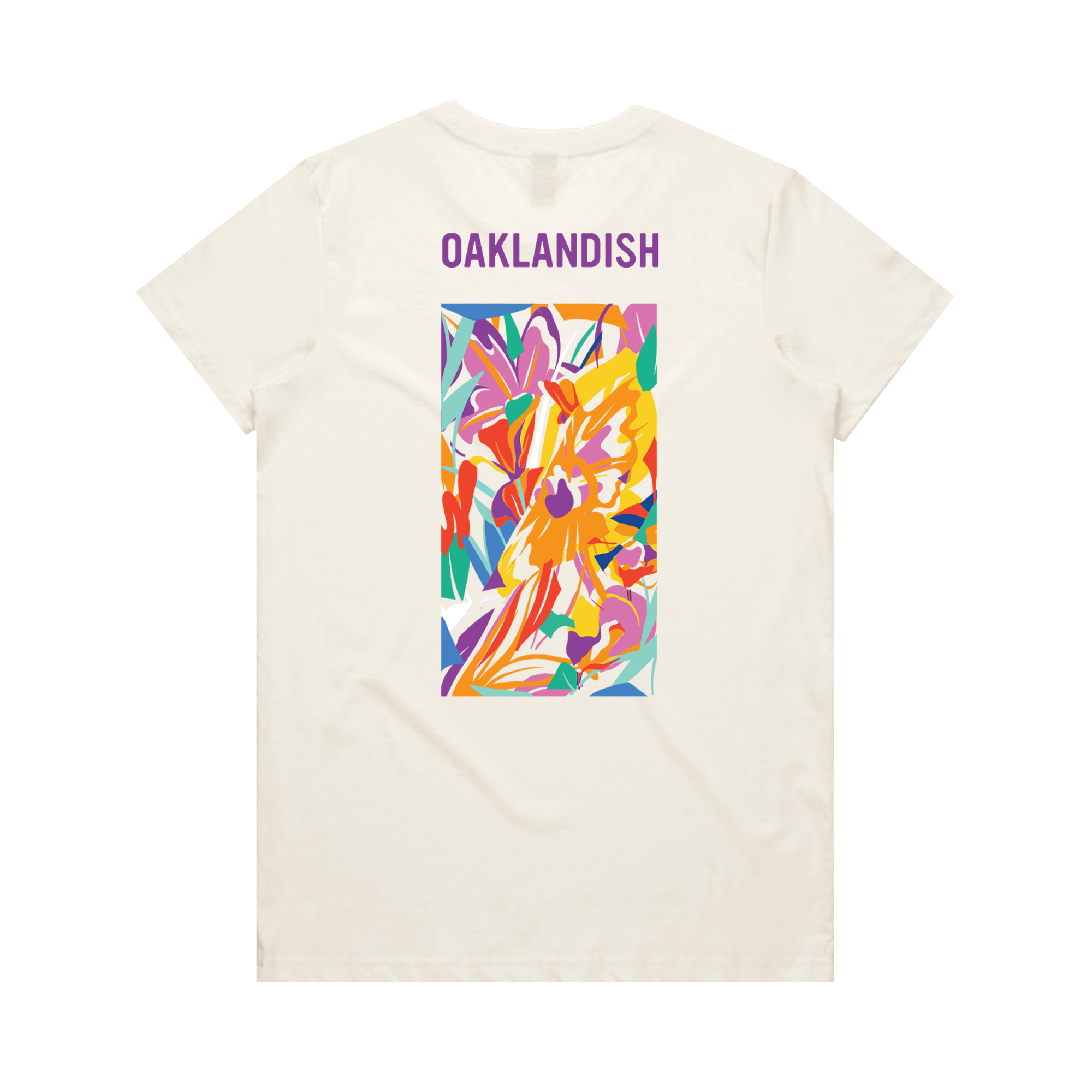 The Women's Urban Tropics Tee by Oaklandish features a cream color, “OAKLANDISH” in purple, and Kalani Ware’s vibrant abstract art with swirling yellow, orange, red, purple, pink, and blue shapes centered on the back.
