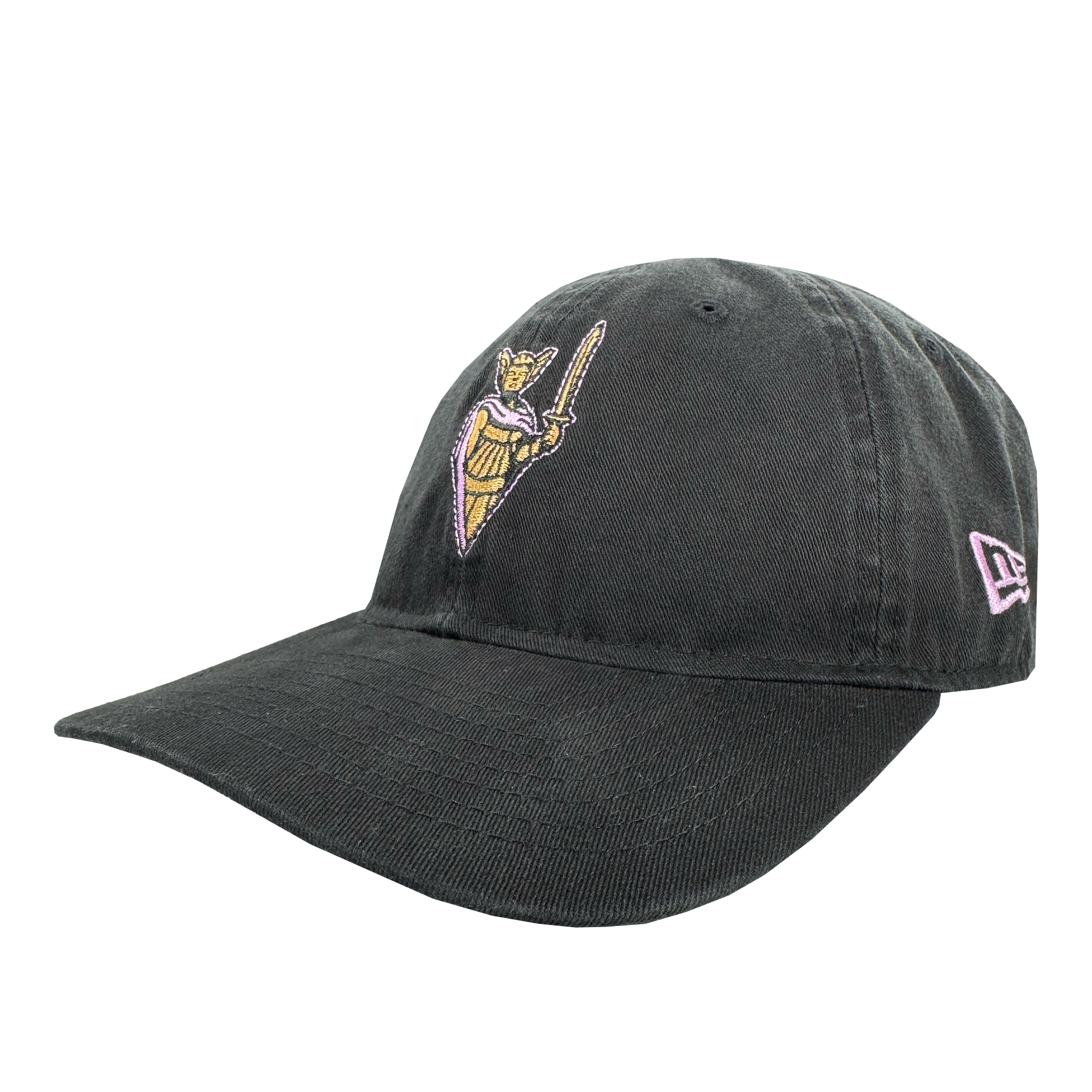 The GSV 9TWENTY Dad hat by GSV features a black design with an embroidered yellow and purple Viking mascot holding a sword on the front, a white New Era logo on the side, curved brim, textured fabric, and an adjustable strap for comfort.