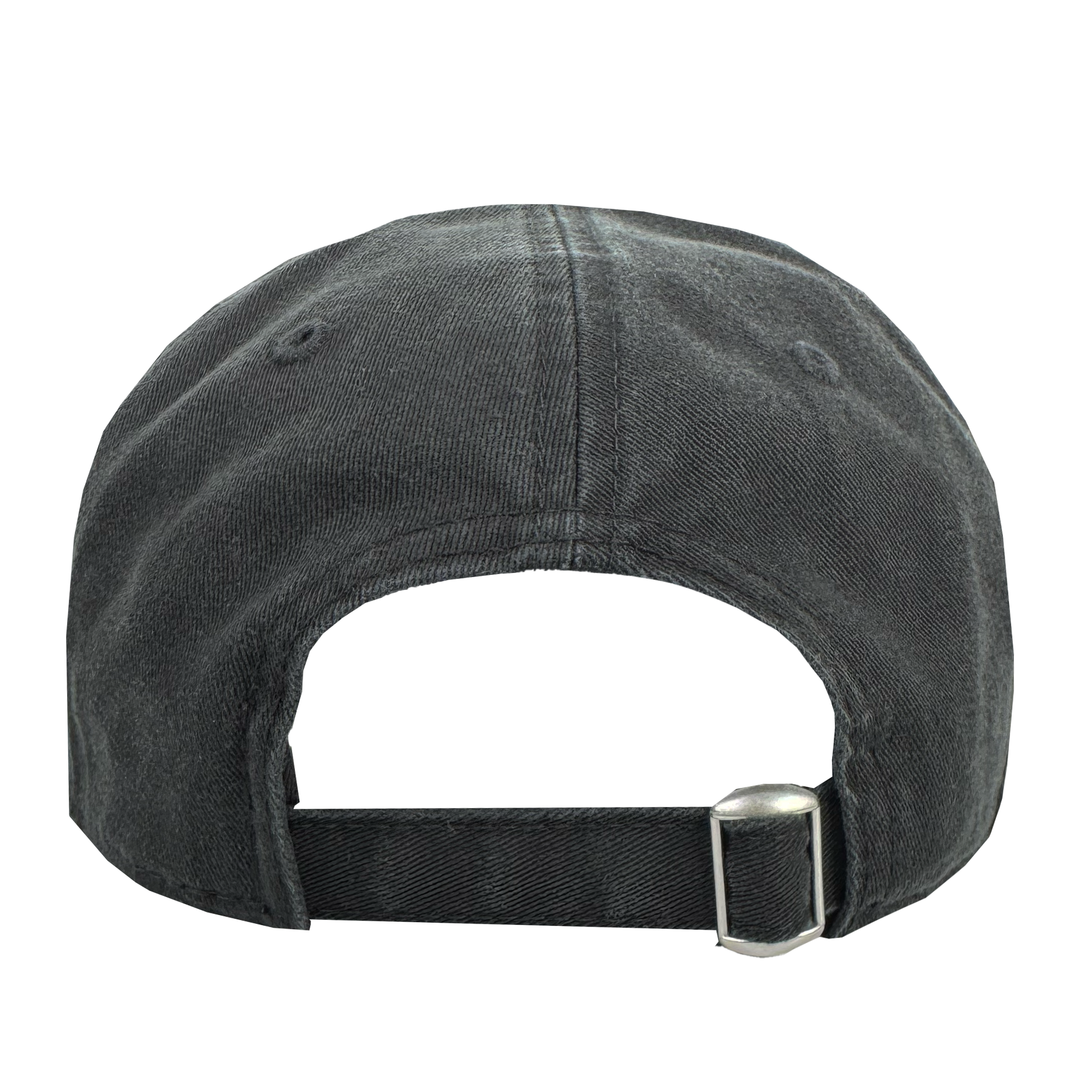 The GSV 9TWENTY by GSV is a black denim dad hat shown from the back, highlighting its adjustable strap with a silver buckle, two stitched eyelets on each side for ventilation, and visible seam stitching. The background is white.