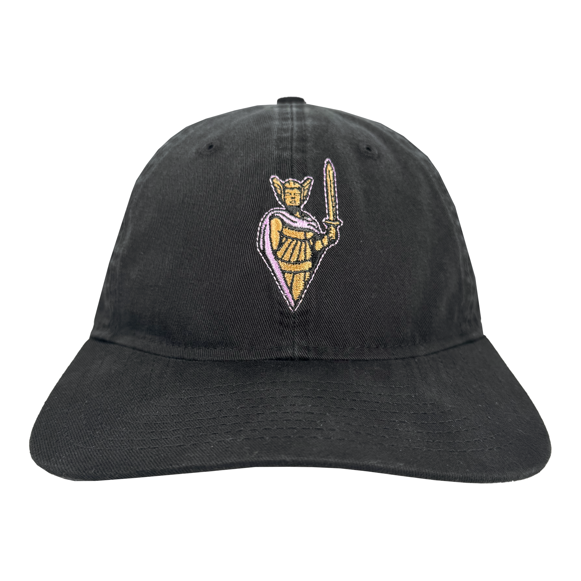 The GSV 9TWENTY by GSV is a black dad hat with an embroidered yellow-armored knight holding a sword, outlined in purple, on the front. Features include an adjustable strap, curved brim, and visible stitching.