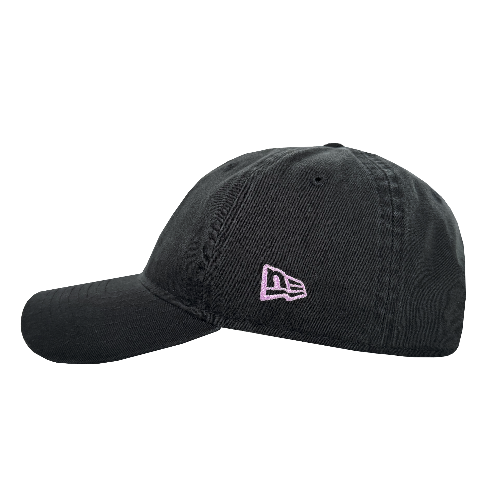 The GSV 9TWENTY by GSV is a black Dad hat with a curved brim, an unstructured relaxed fit, visible stitching, adjustable strap, and an embroidered light pink New Era logo on the left side. Shown in side view on a transparent background.