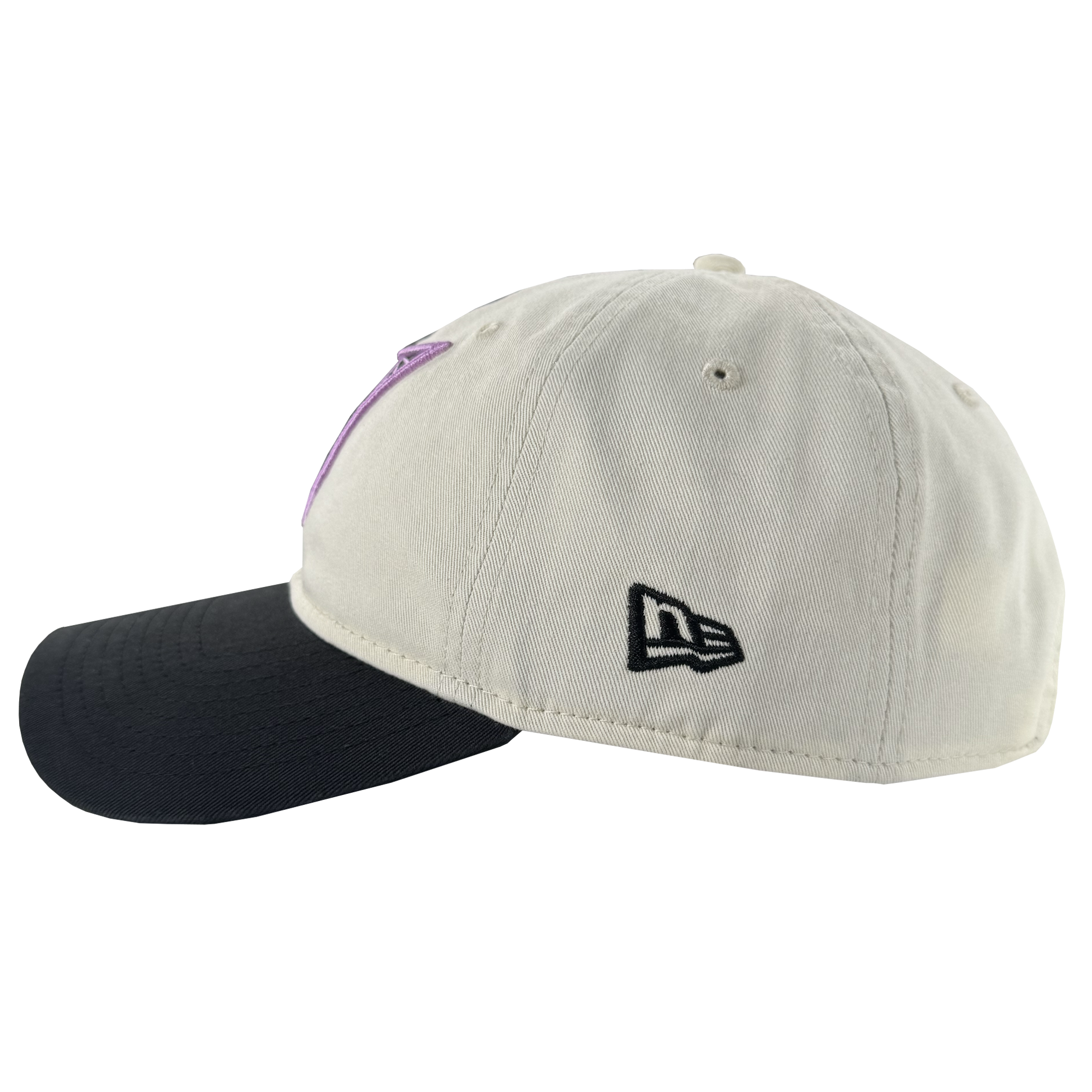 A side view of the GSV Logo 2 9TWENTY Hat by GSV, featuring an off-white crown, black curved brim, small black New Era logo embroidery, stitched eyelets for ventilation, and an adjustable strap back. Displayed on a plain white background.