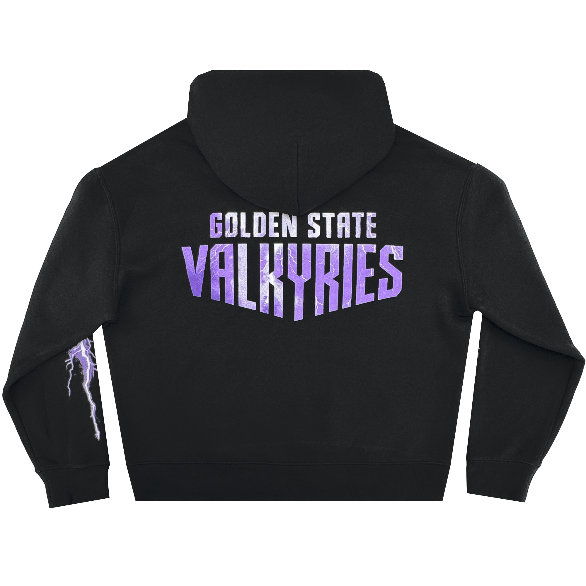 The GSV Women's Golden State Valkyries Violet Lightning Hoodie features “GOLDEN STATE VALKYRIES” in bold purple and white gradient letters on the back and a white and light purple lightning bolt on the left sleeve.