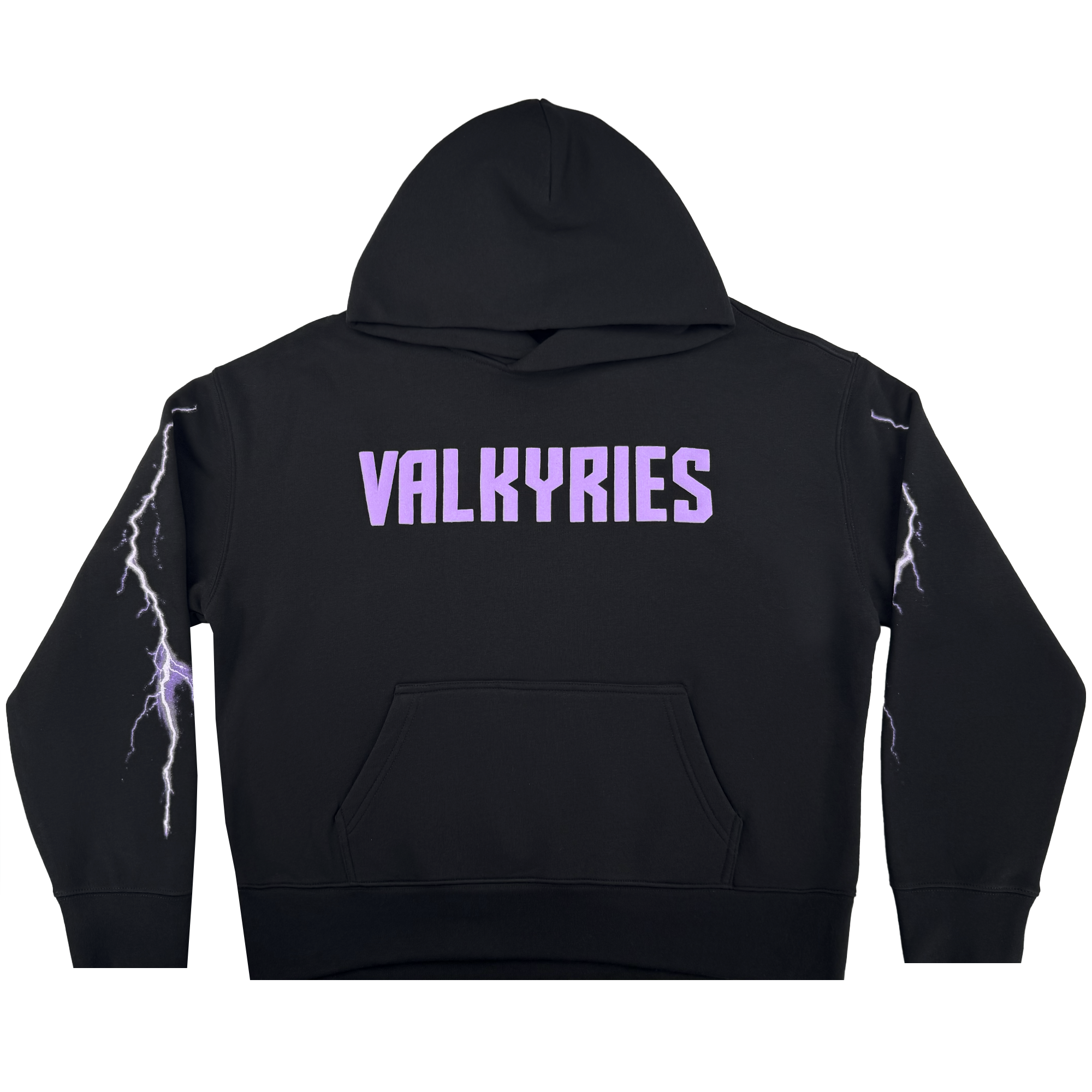 The GSV Women's Golden State Valkyries Violet Lightning Hoodie is a black pullover with "VALKYRIES" in bold, light purple letters on the upper back and white lightning bolts on both sleeves, celebrating the Golden State Valkyries.