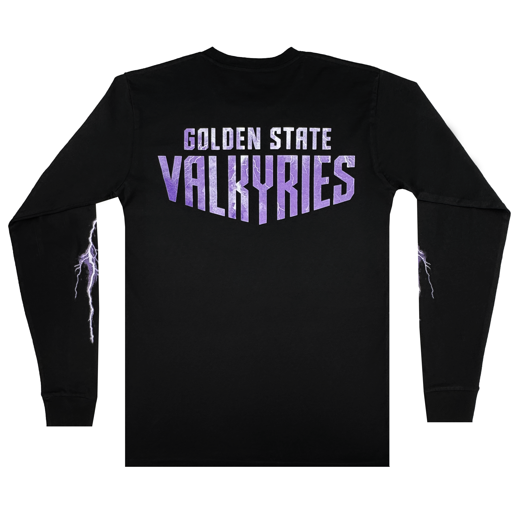 The GSV Golden State Valkyries Violet Lightning LS Tee is a black organic cotton long sleeve, with “GOLDEN STATE” in white and “VALKYRIES” in bold purple on the back. White and purple lightning bolts run down each sleeve.