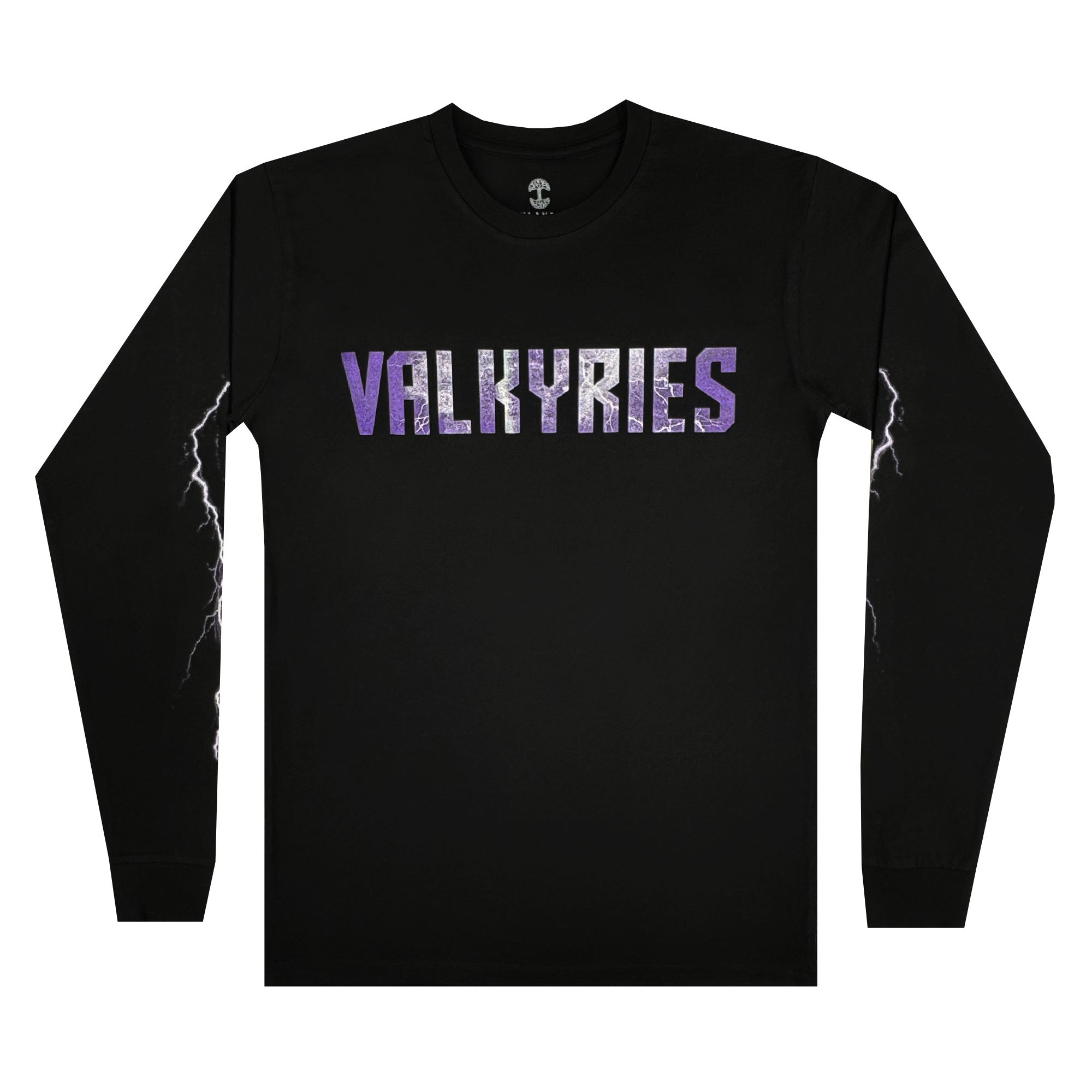 The GSV Golden State Valkyries Violet Lightning LS Tee is a black organic cotton long-sleeve shirt featuring bold purple and white “VALKYRIES” text and white lightning bolts on the sleeves—a must-have for Valkyries fans.
