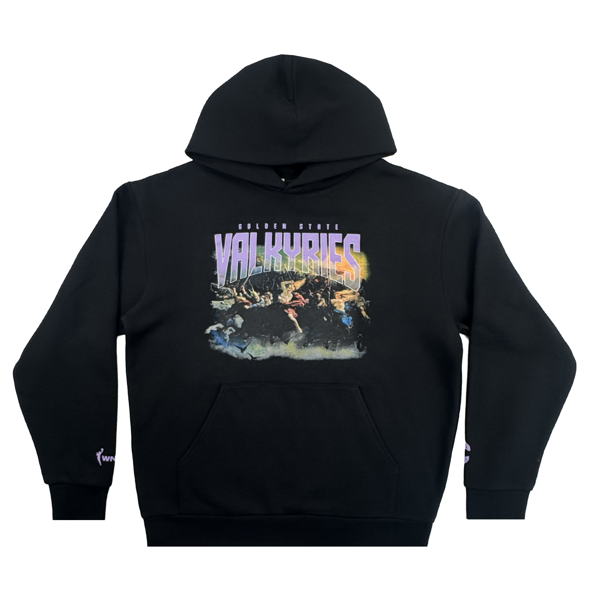The GSV Odin Hoodie is a premium unisex black fleece featuring a vibrant fantasy battle scene and "GOLDEN MYTHIC VALKYRIES" in bold purple-to-yellow gradient—perfect for Golden State Valkyries fans.