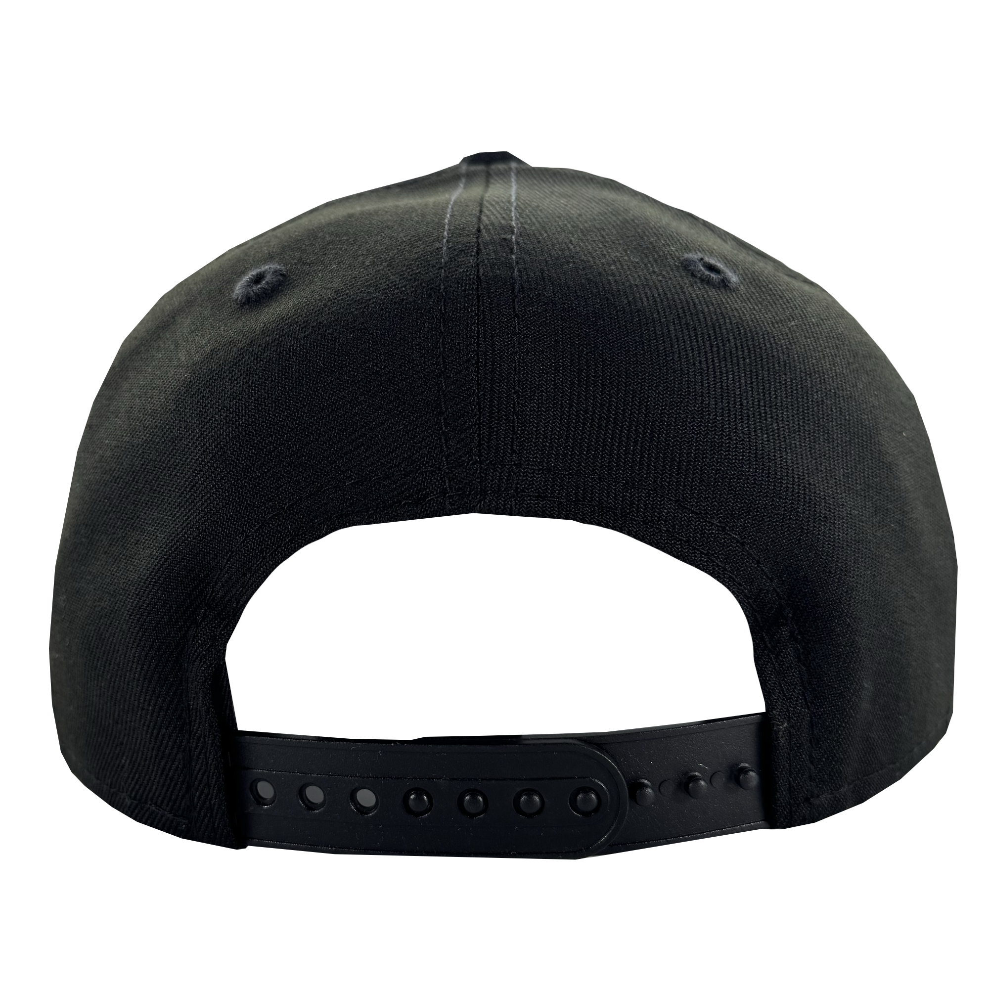 A close-up of the GSV Logo 9FORTY Snapback by GSV shows the black cap's plastic adjustable snapback strap and two stitched ventilation eyelets per side, set against a plain white background.