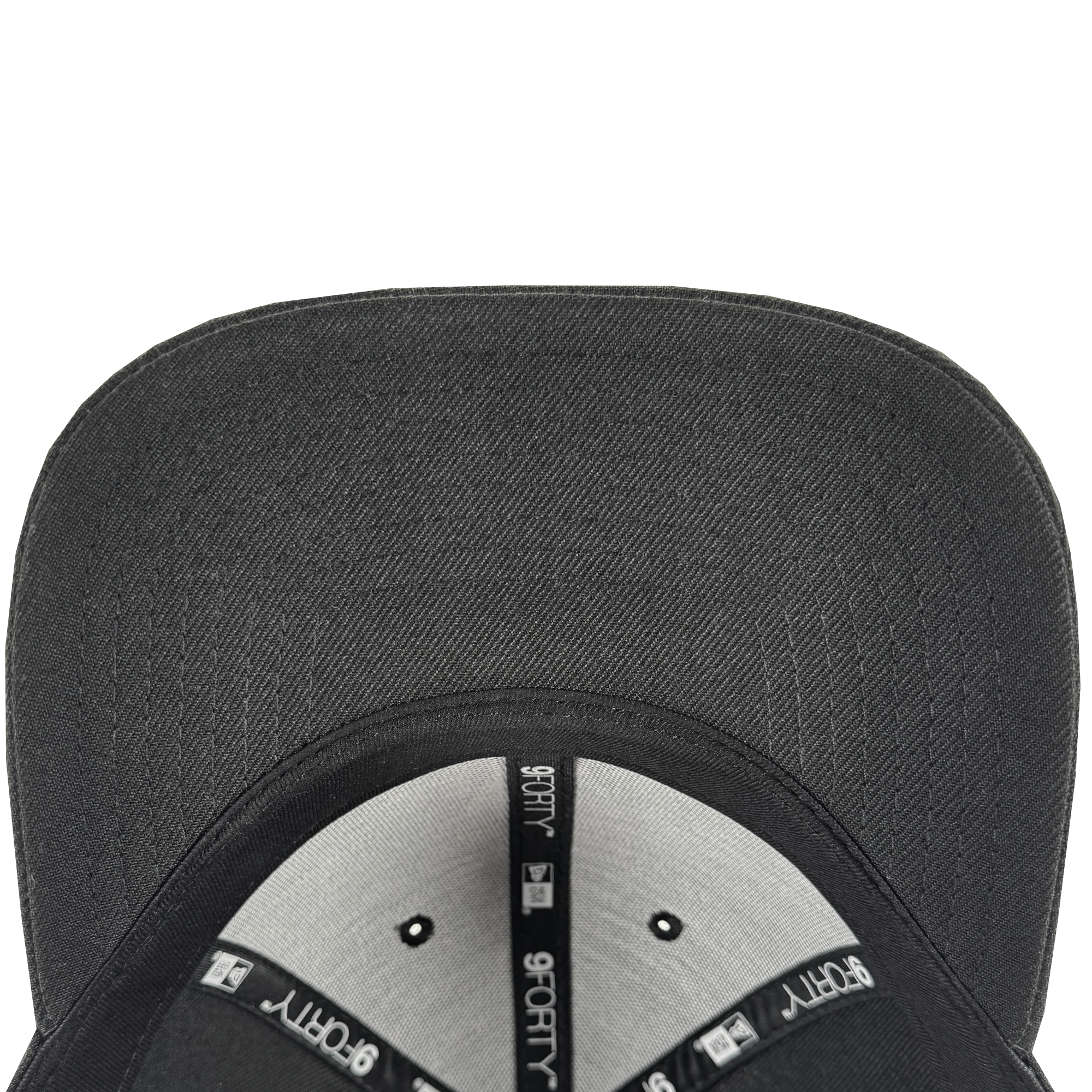 A top-down view of the GSV Logo 9FORTY Snapback by GSV shows the black flat-brim hat’s interior with light gray panels, black seams featuring “9FORTY” and New Era logos in white, and a black brim, set against a plain white background.