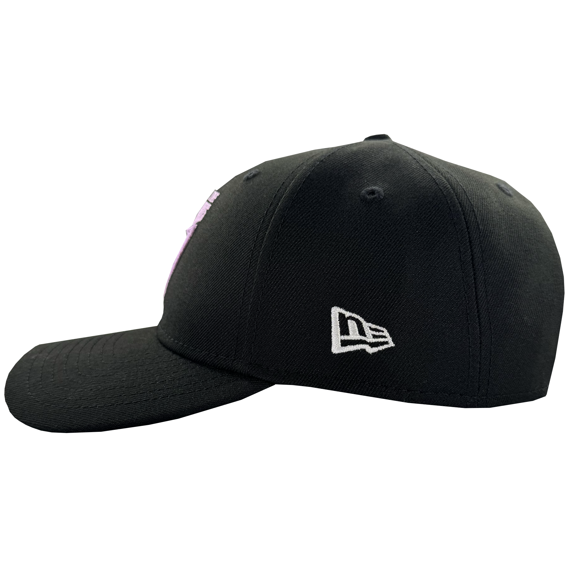 The GSV Logo 9FORTY Snapback by GSV is a black baseball cap with a curved brim, small white New Era logo above the left ear, and part of a pink and white design on the front left panel. Textured fabric completes its stylish look.